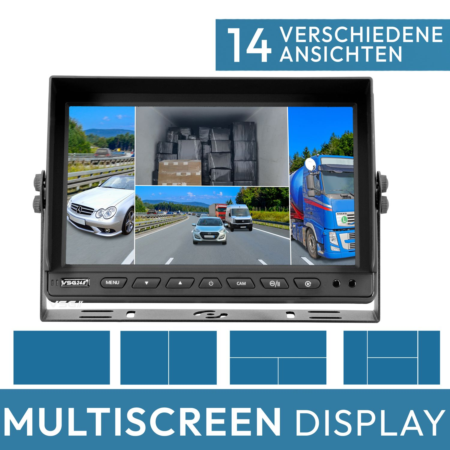 Ein schwarzes Multiscreen-Display zeigt mehrere Ansichten von Fahrzeugen auf einer Straße. Text: '14 VERSCHIEDENE ANSICHTEN'.