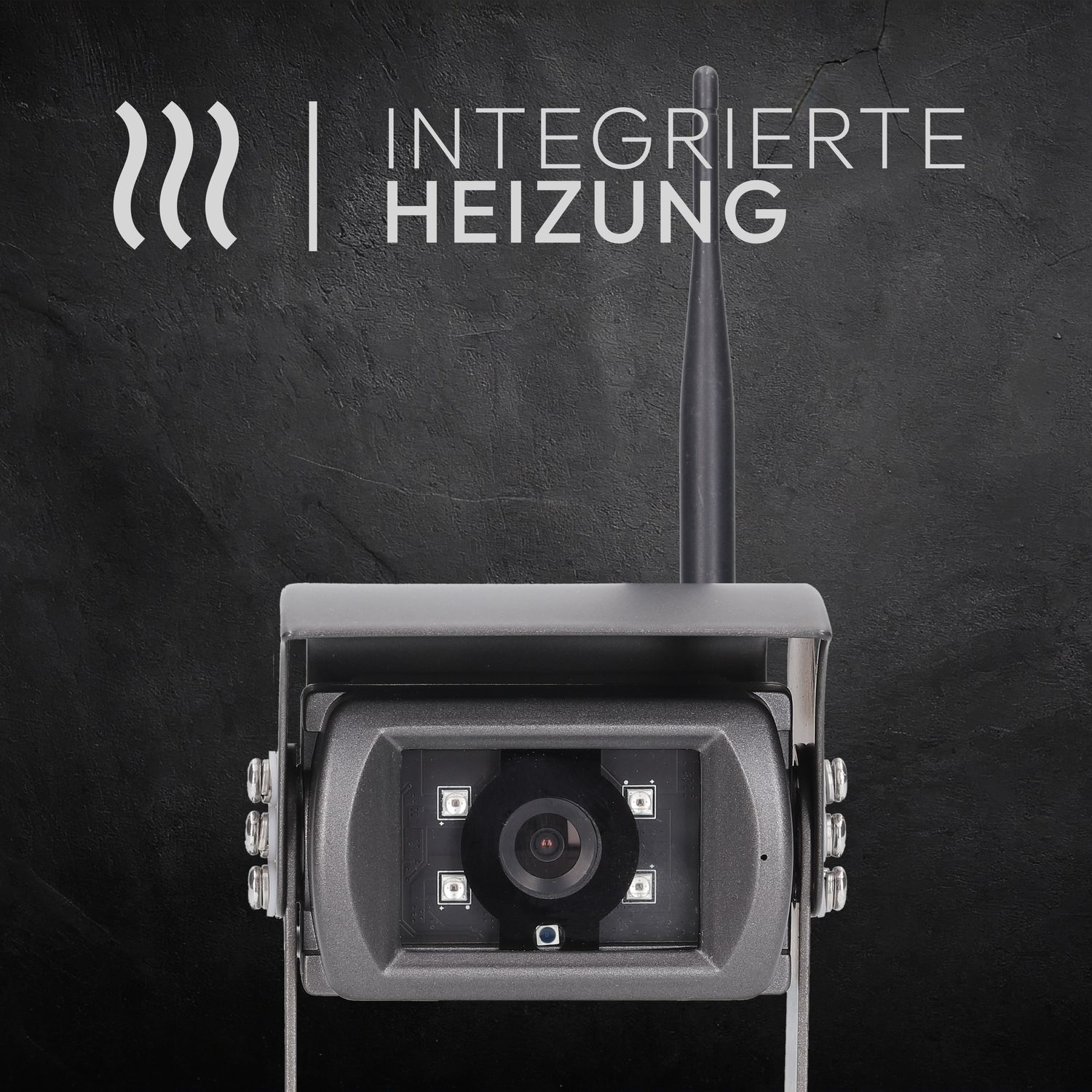 Eine schwarze Kamera mit integrierter Heizung und Antenne vor dunkelgrauem Hintergrund.