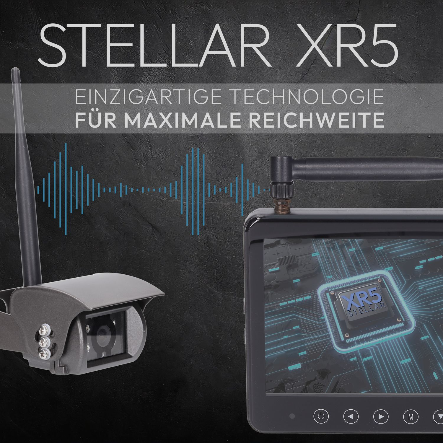 Eine Überwachungskamera und ein Bildschirm, der eine blaue Audiowelle zeigt.