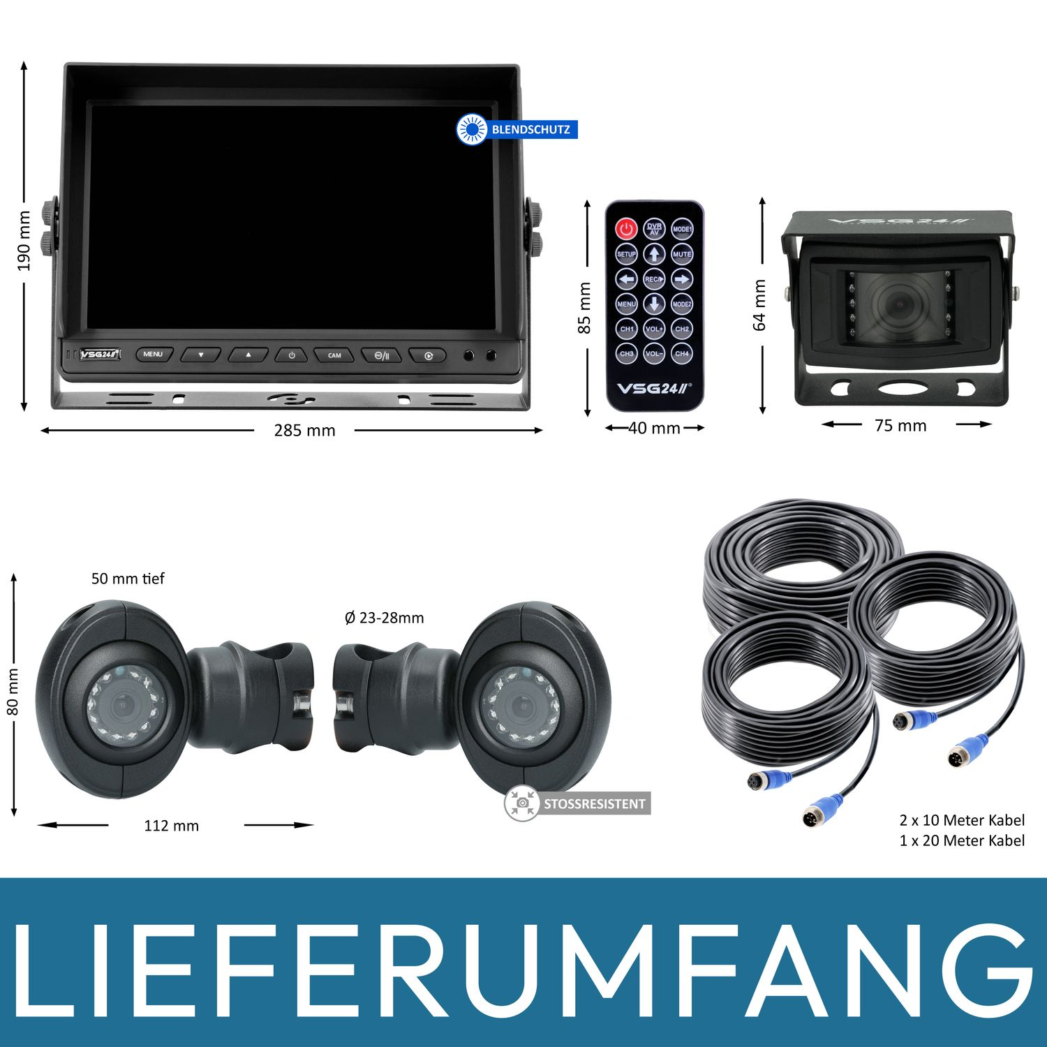 Monitor, Kamera, Steuertasten und Kabel mit Abmessungen und deutschem Text.