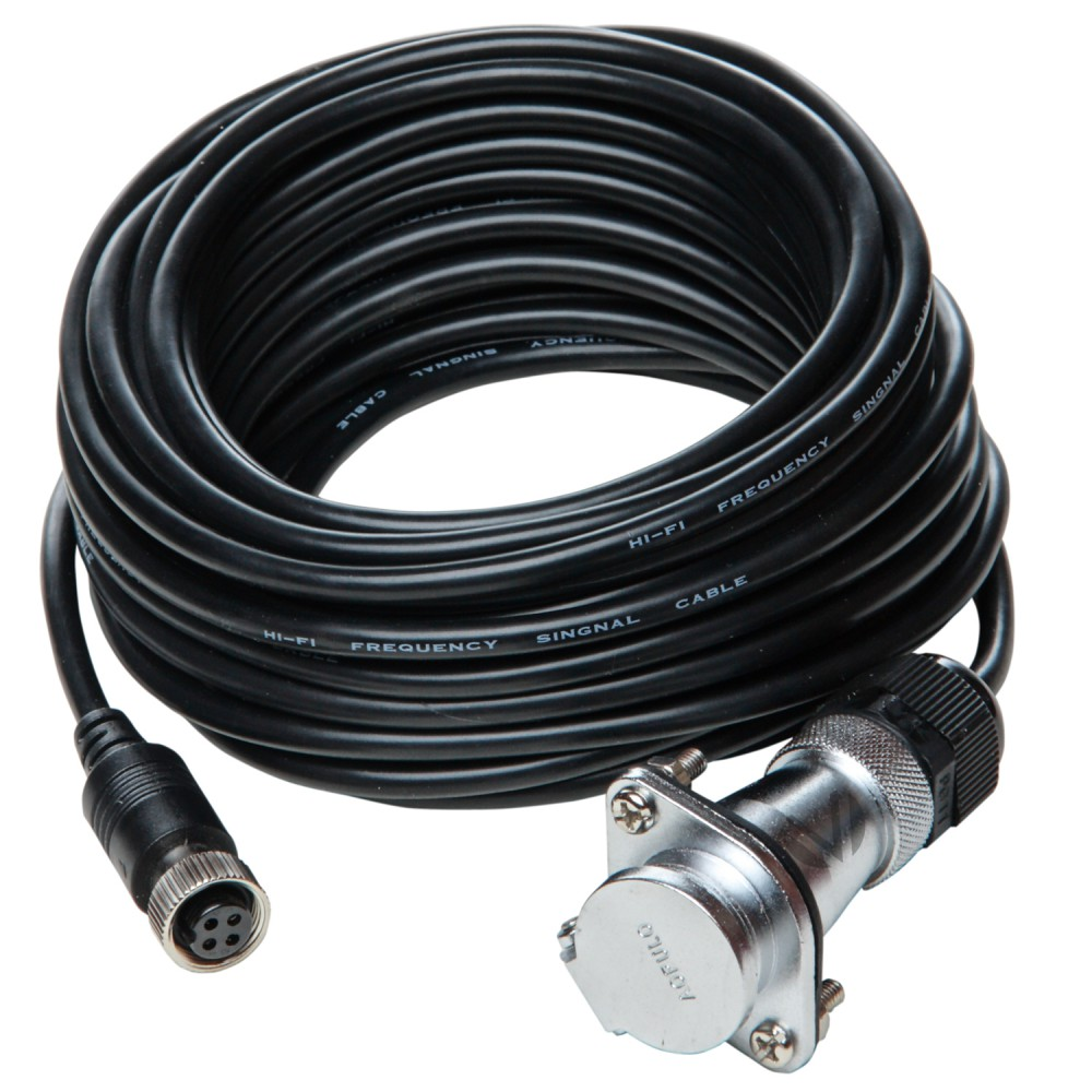 Schwarz gewickeltes Kabel mit Steckern, einer mit Stiften und der andere eine größere Metallbuchse.