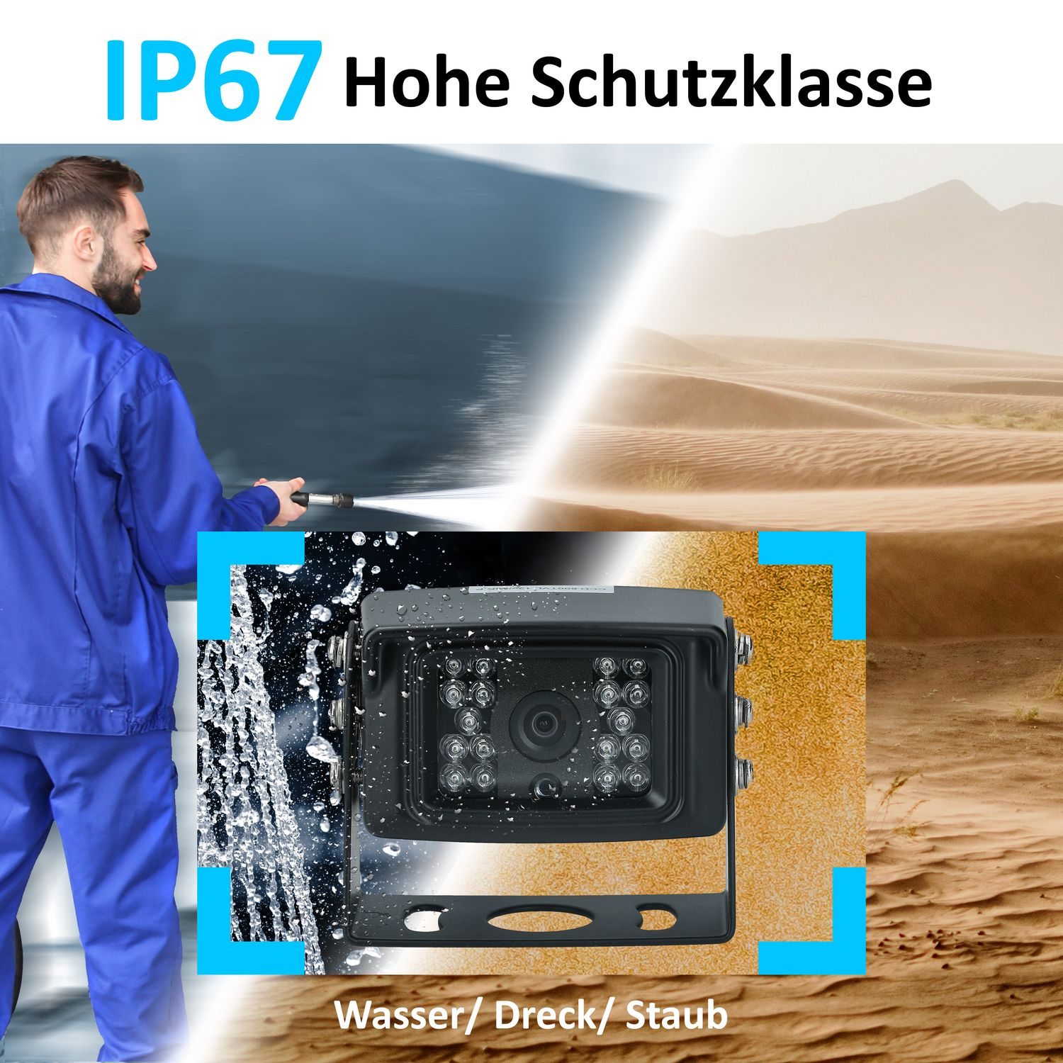 Mann im blauen Anzug wäscht eine schwarze Kamera mit Wasser.