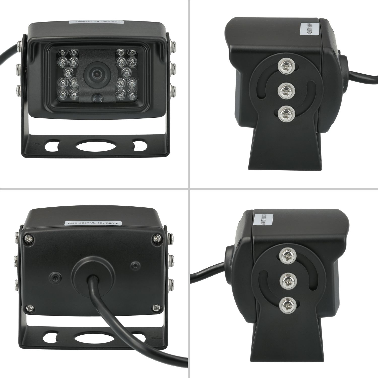Vier Ansichten einer schwarzen Autokamera. Die Kamera hat ein Objektiv und LED-Leuchten. Die Rückseite hat ein Kabel.