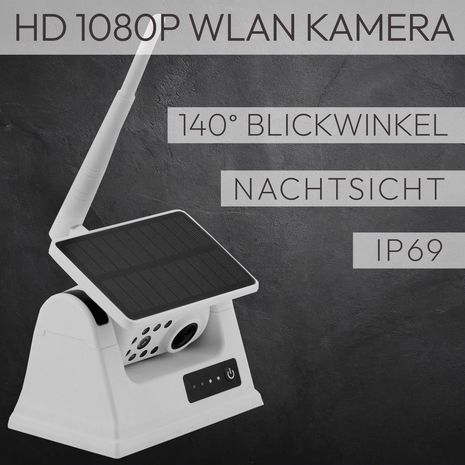 Eine weiße Überwachungskamera mit Solarpanel, Antenne und Text auf Deutsch über Nachtsicht.