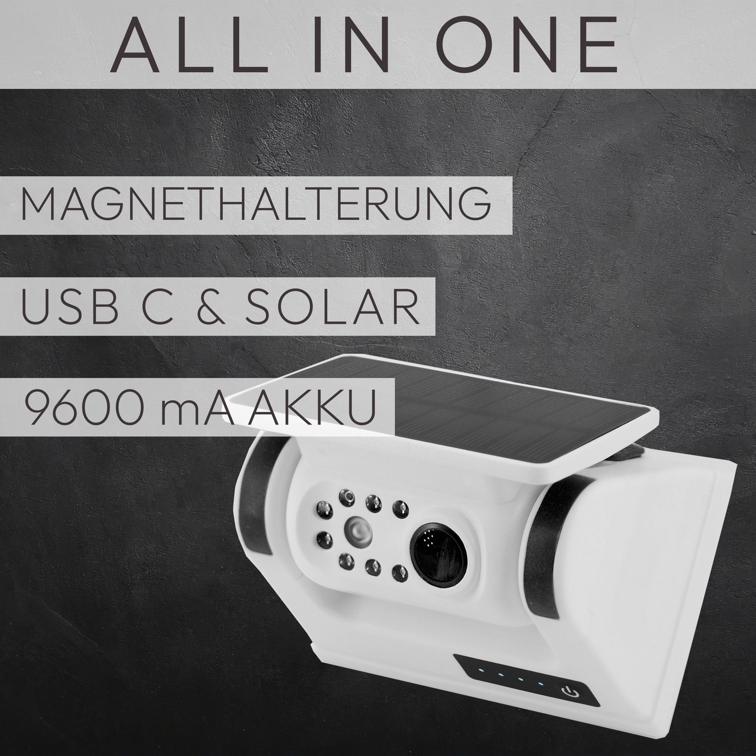 Weiße Kamera mit Solarpanel, USB-C und 9600 mA Akku, montiert auf schwarzer Oberfläche.