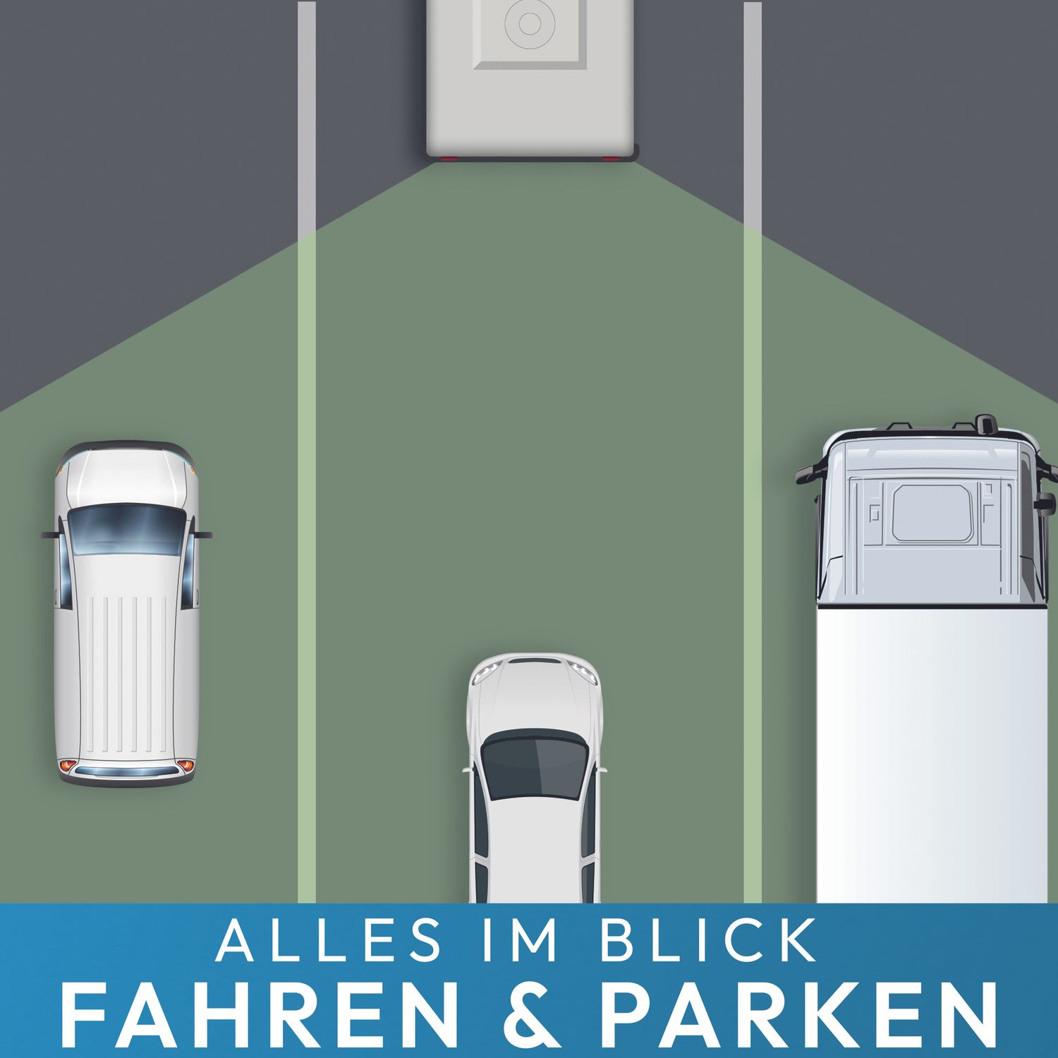 Draufsicht auf drei Autos und einen LKW mit Kamera. Text: Fahren & Parken.