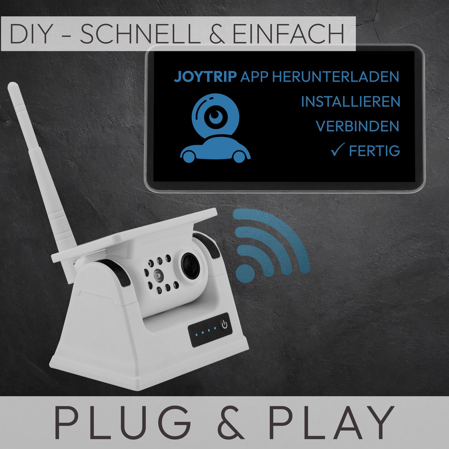 Weiße Sicherheitskamera mit Antenne und Bildschirm, der Installationsschritte zeigt.