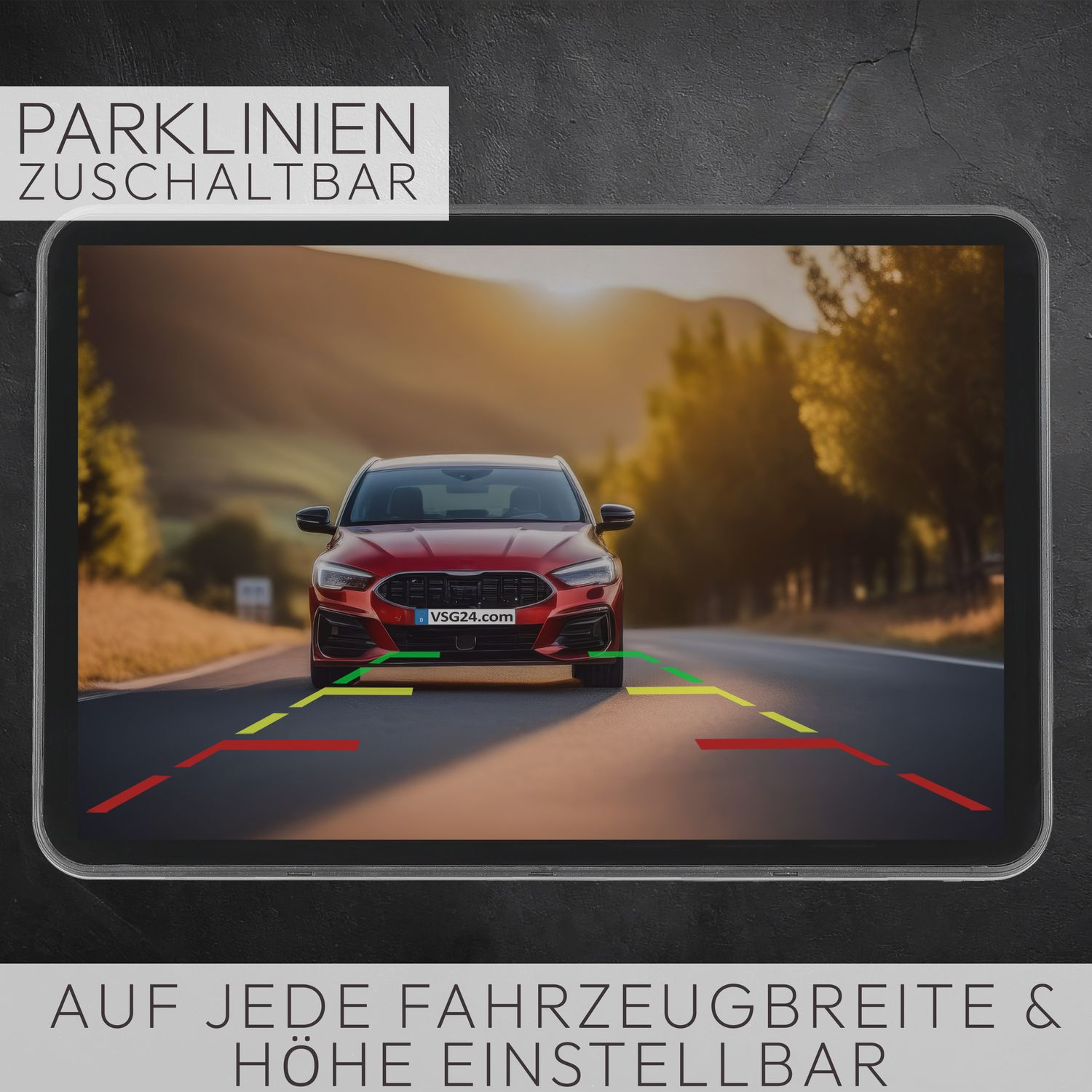 Auto auf Bildschirm mit Parklinien. Straße und Bäume im Hintergrund. Text oben und unten.
