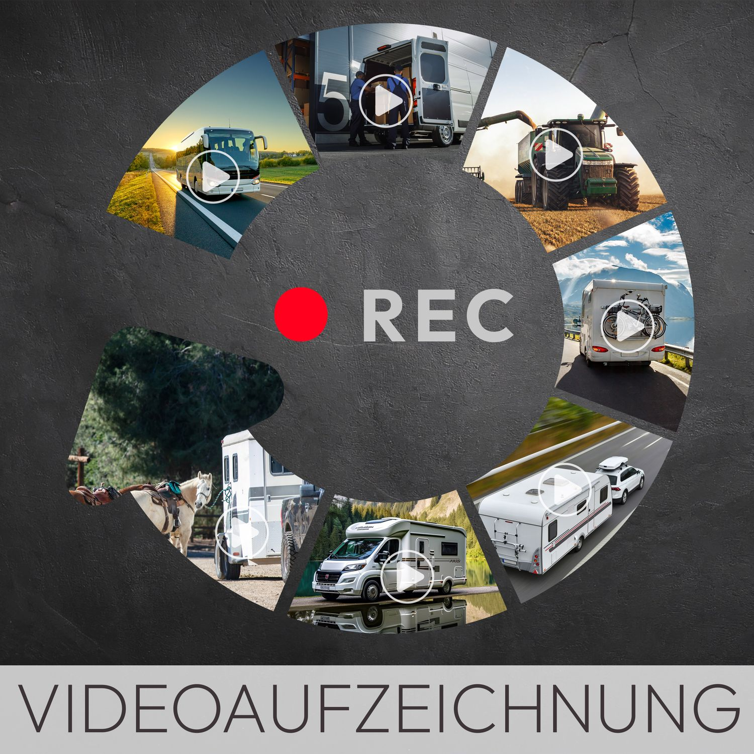 Ein dunkler Hintergrund mit mehreren Videos in kreisförmigem Muster, mit REC.