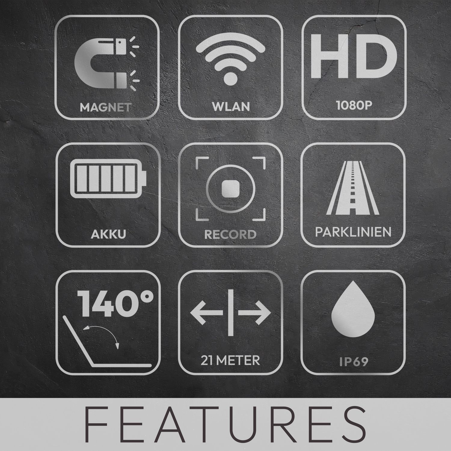Symbole, die Funktionen veranschaulichen: Magnet, WLAN, HD 1080P, Akku, Aufnahme, Parklinien usw.