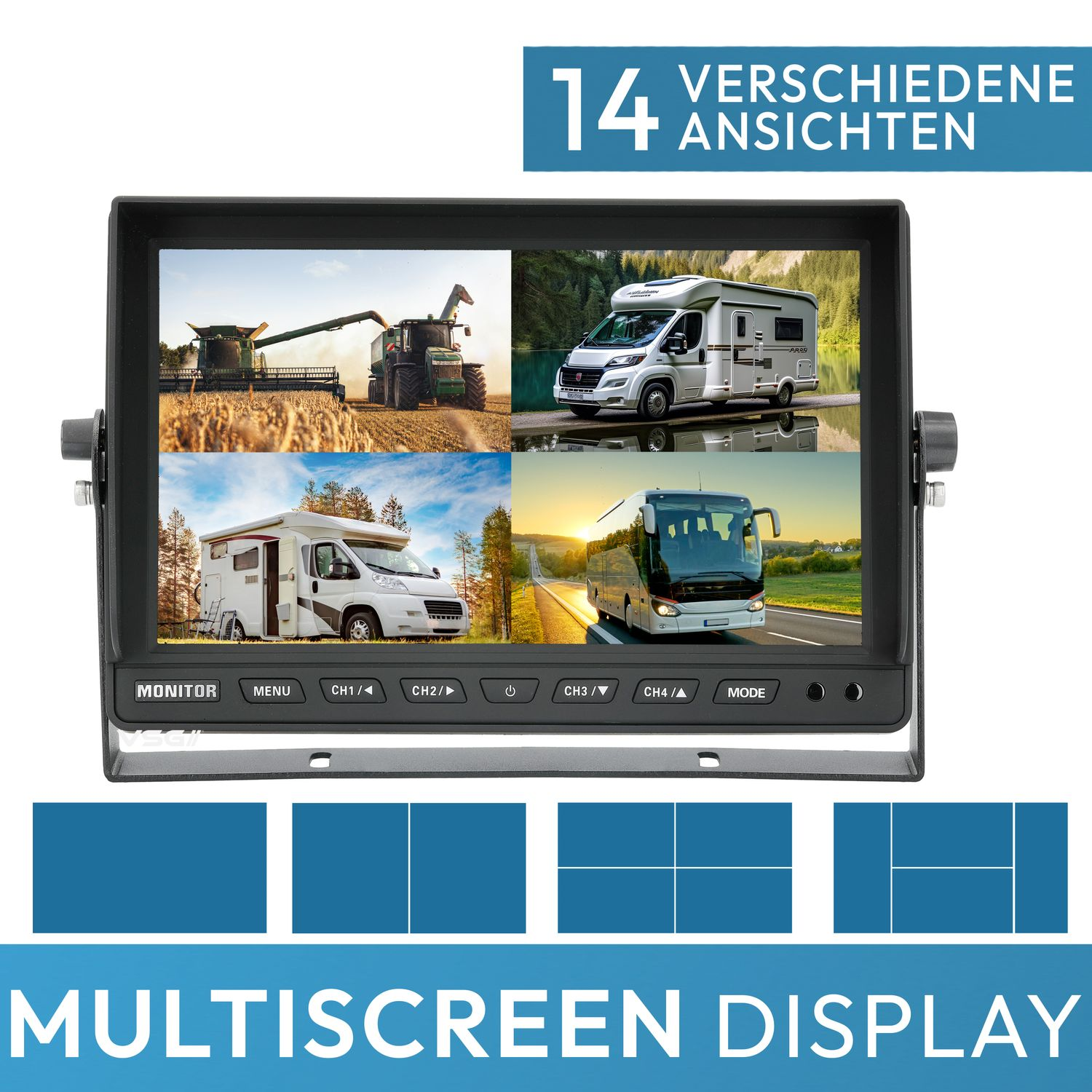 Multiscreen-Anzeige mit vier verschiedenen Ansichten, jeweils mit einem anderen Fahrzeug.