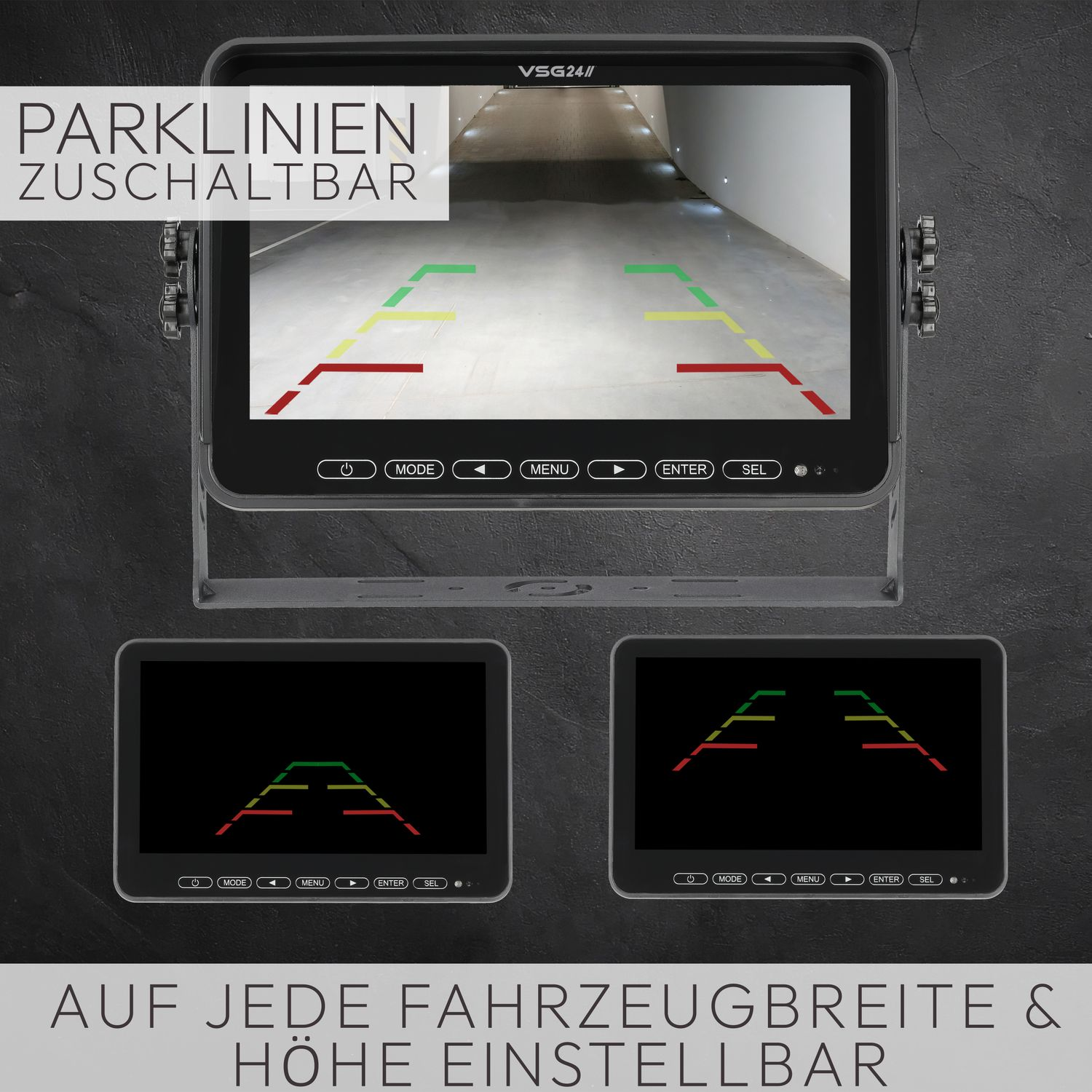 Ein schwarzer Auto-Monitor mit einem Parkplatz mit Führungslinien. Unten steht: Einstellbar für jedes Fahrzeug.