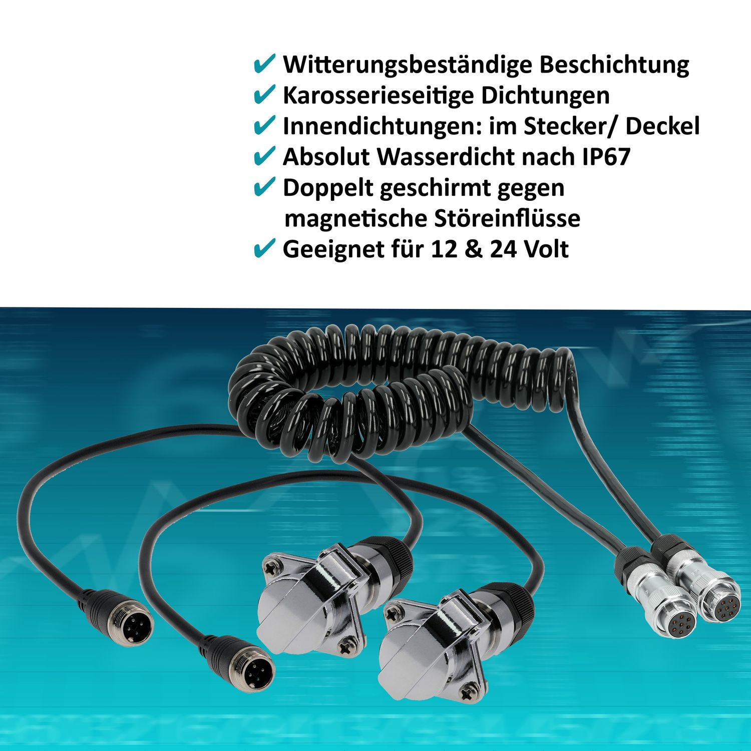 Schwarzes Spiralkabel mit Steckern. Text auf Deutsch oben.
