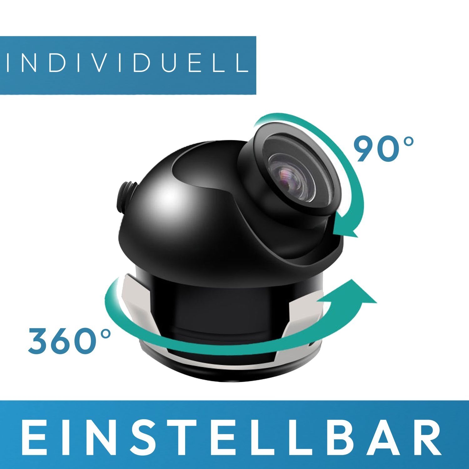 Eine schwarze Kamera mit drehbarem Objektiv, zeigt 360 und 90 Grad Einstellbarkeit, Text: INDIVIDUELL, EINSTELLBAR.
