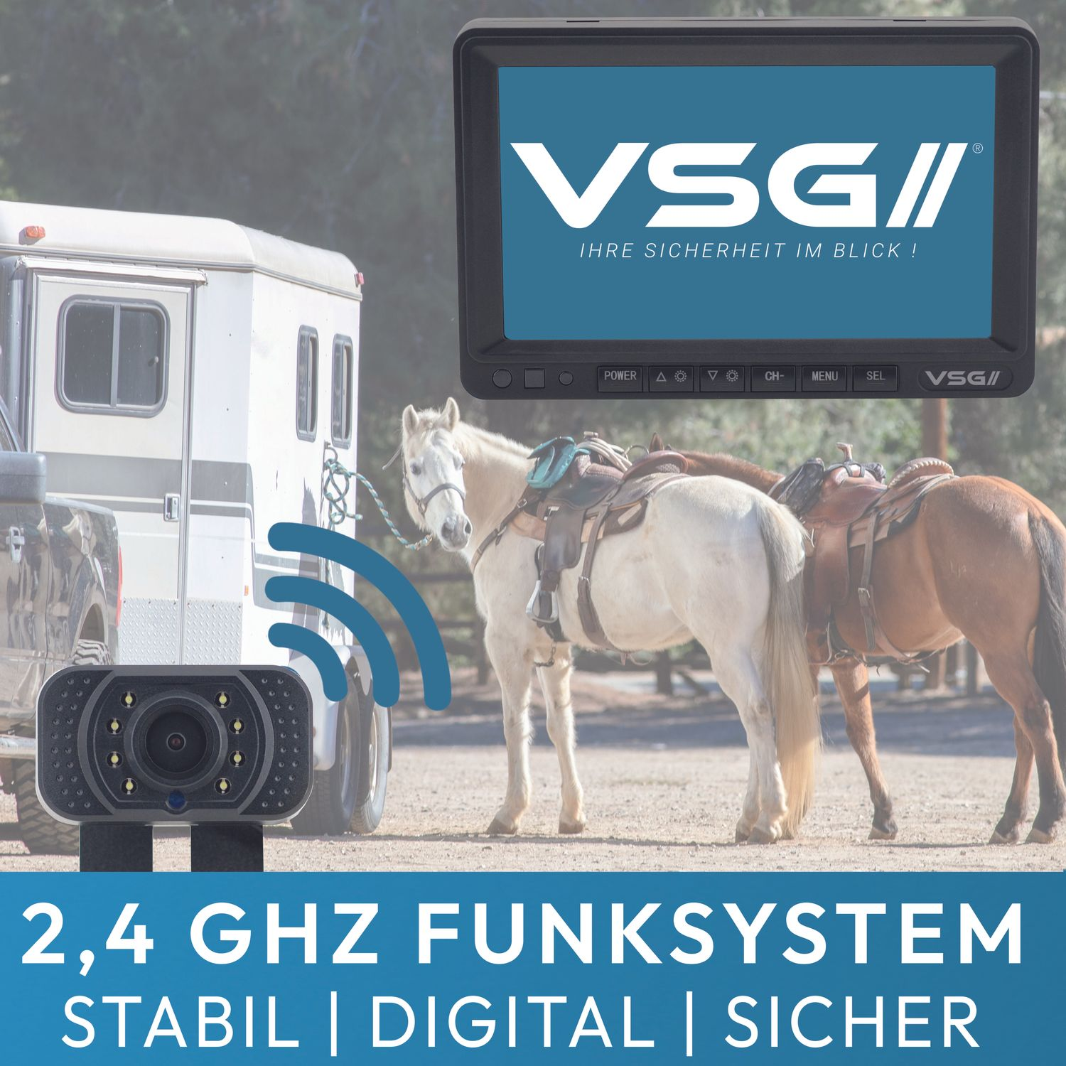 Monitor mit Text, zwei Pferde, Anhänger und Kamera auf Feld.