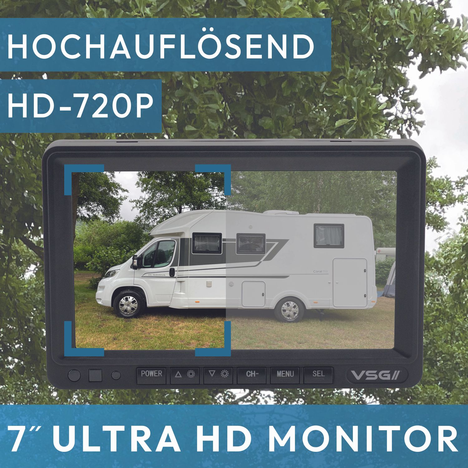 Monitor, der ein weißes Wohnmobil zeigt. Der Monitor hat Steuertasten. HD-720P-Auflösung ist angegeben.