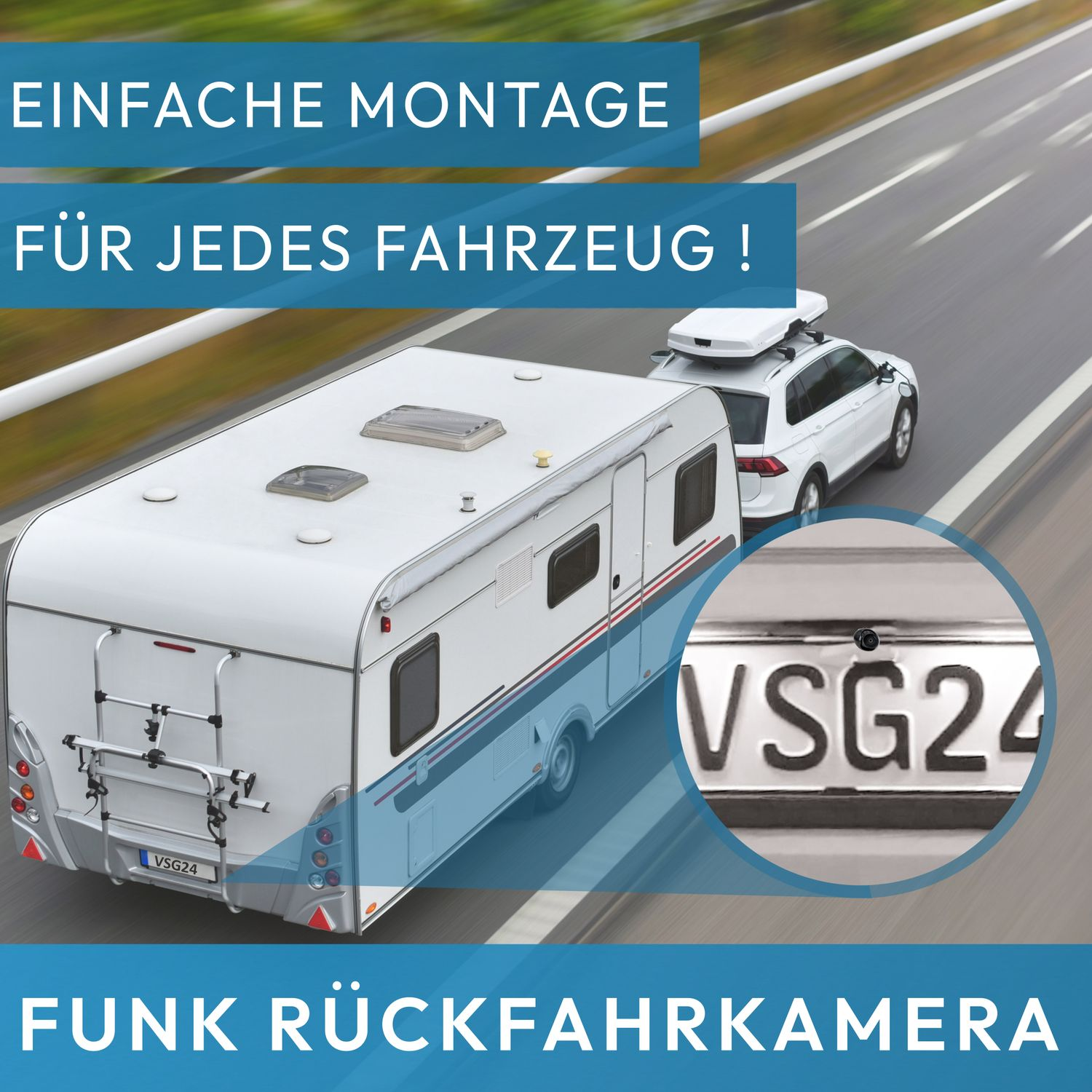 Weisses Wohnmobil auf einer Strasse mit einem folgenden Auto. Ein Kreis hebt die Kennzeichenkamera hervor.