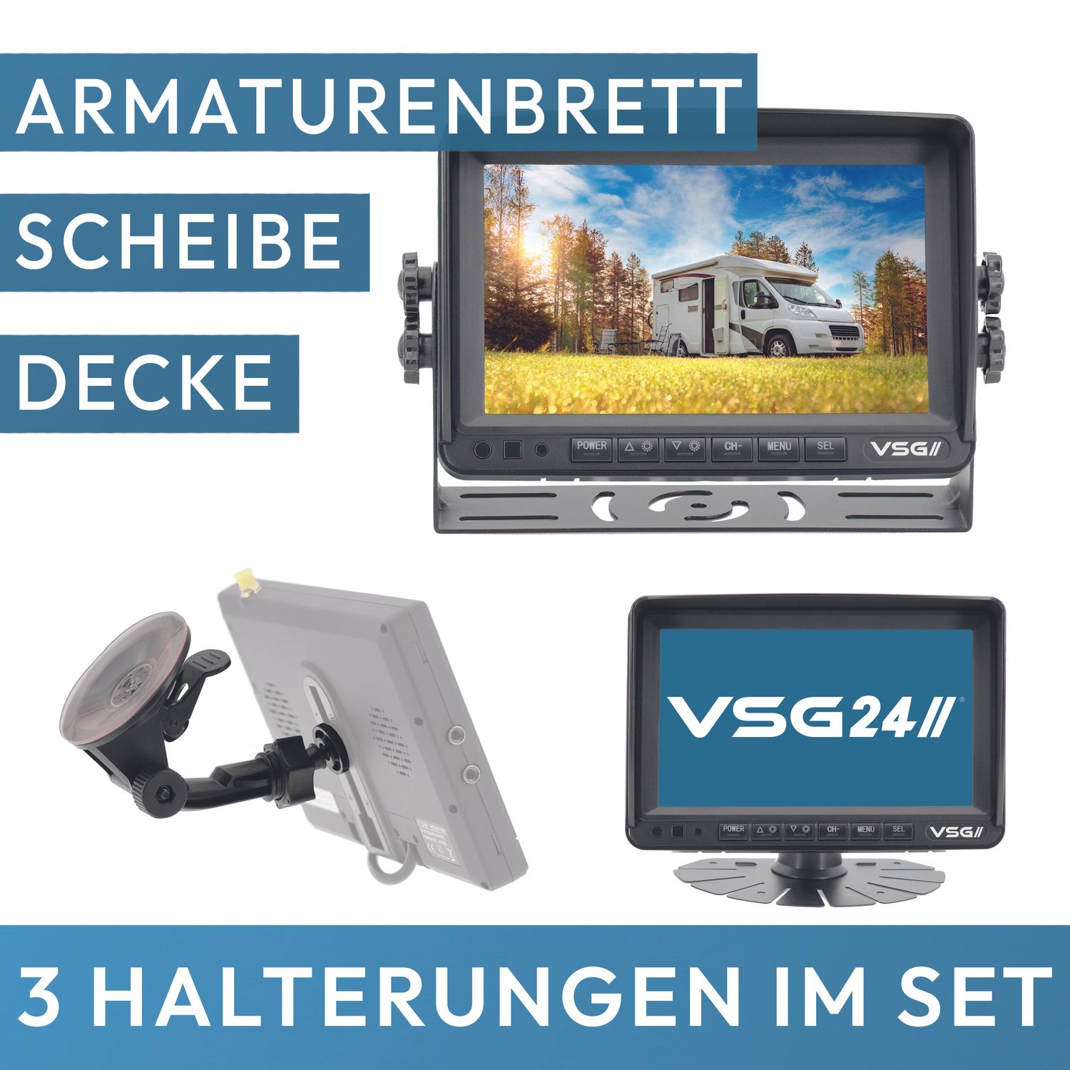Monitor mit drei Montageoptionen, für ein Fahrzeug.