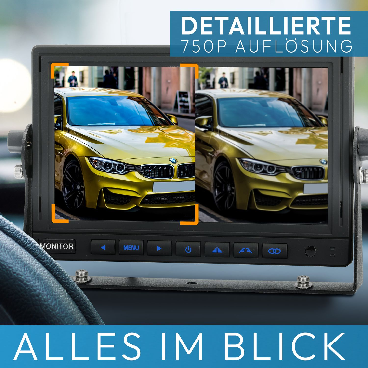 Monitor zeigt zwei gelbe Autos. Text: 'Alles im Blick'. Lenkrad sichtbar.