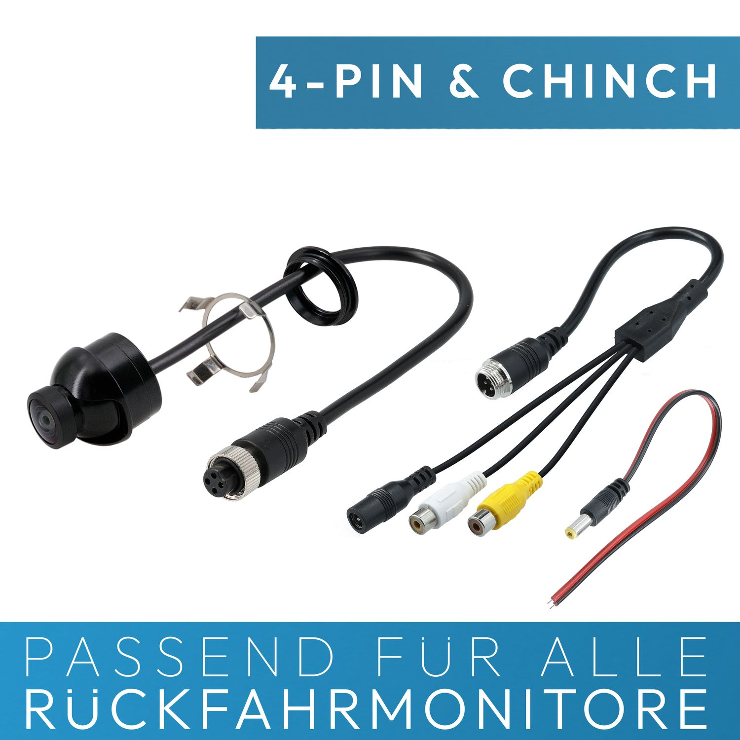 Schwarze Kabel mit Steckern. Text: 4-PIN & CHINCH, passend für alle Rückfahrmonitore.