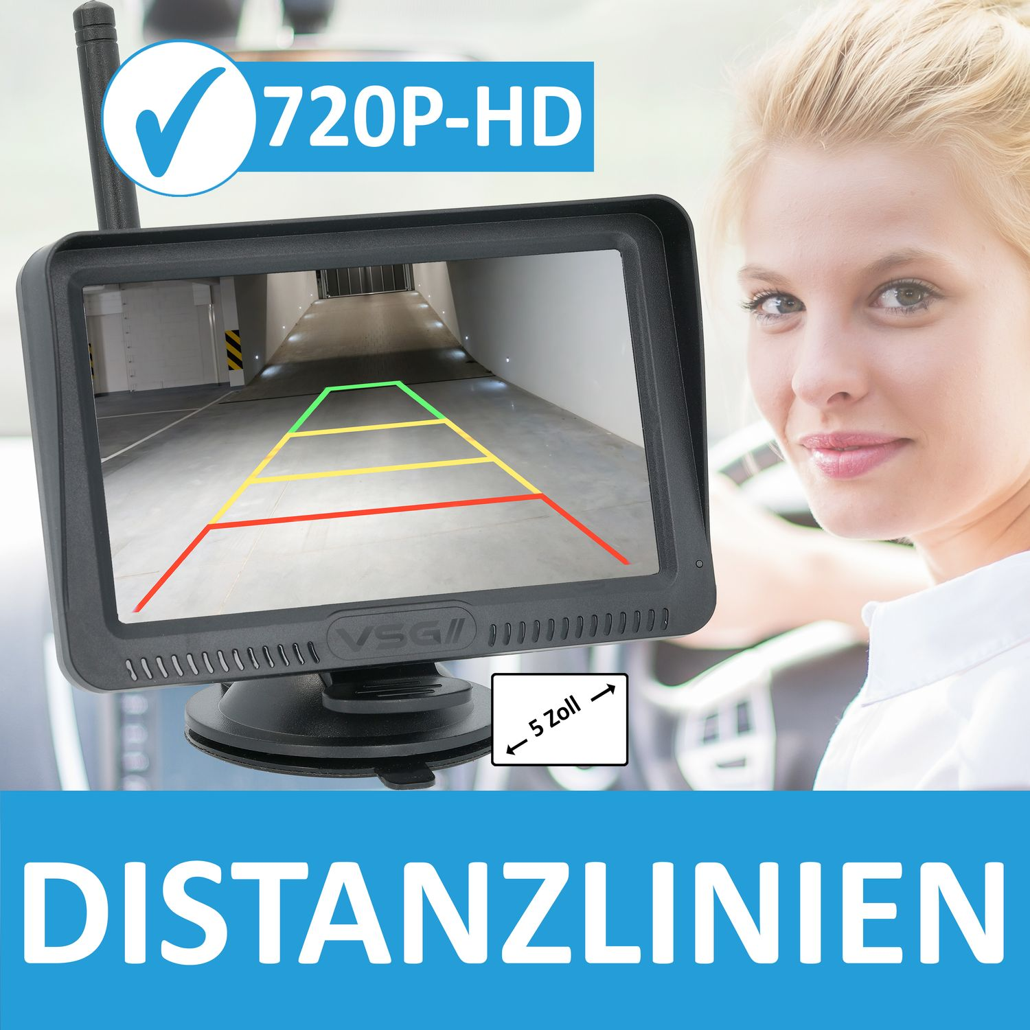 Frau, die auf einen Monitor mit Rückfahrkamerabildschirm mit Abstandslinien schaut.