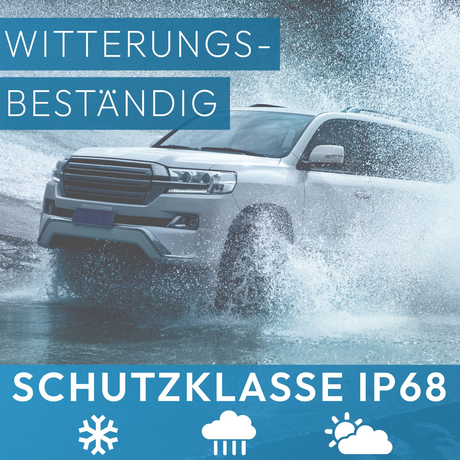 Weißes Auto spritzt im Wasser. Text: Wetterfest, IP68. Wetter-Icons.