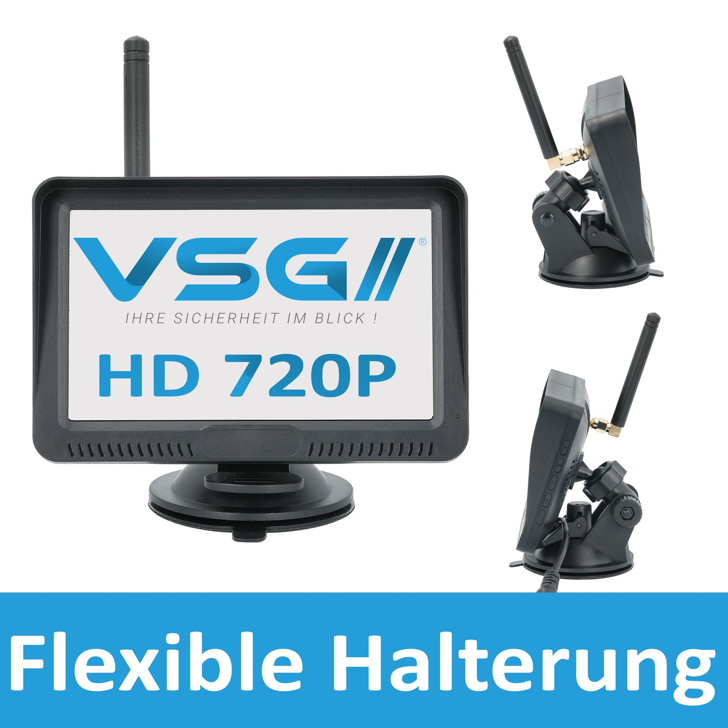 Ein weißer Hintergrund mit einem schwarzen VSG-Monitor, zwei Seitenmonitoren und Text.