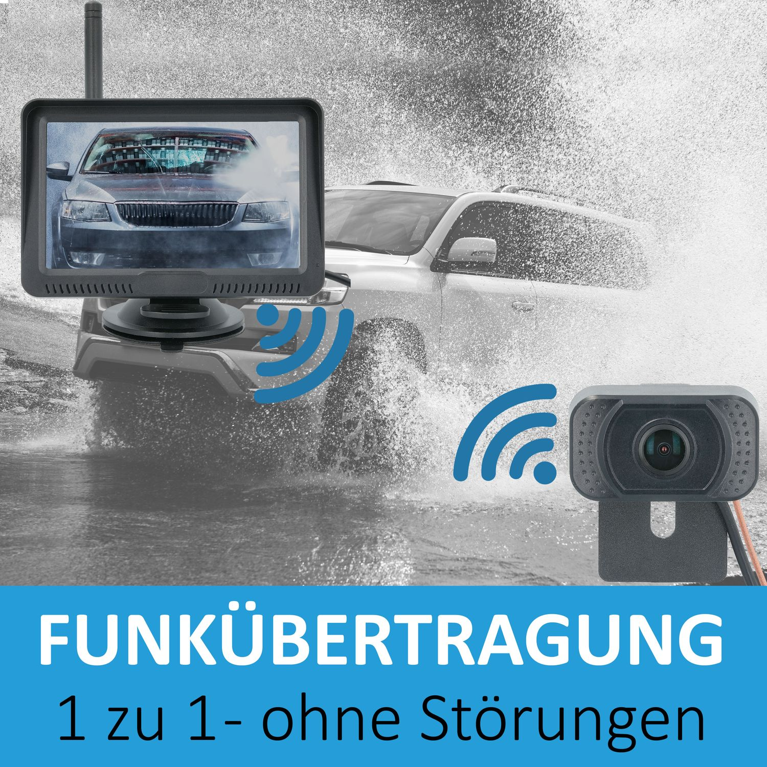Ein Bildschirm zeigt ein Auto im Wasser. Eine kabellose Kamera befindet sich rechts. Der Hintergrund ist Wasser.