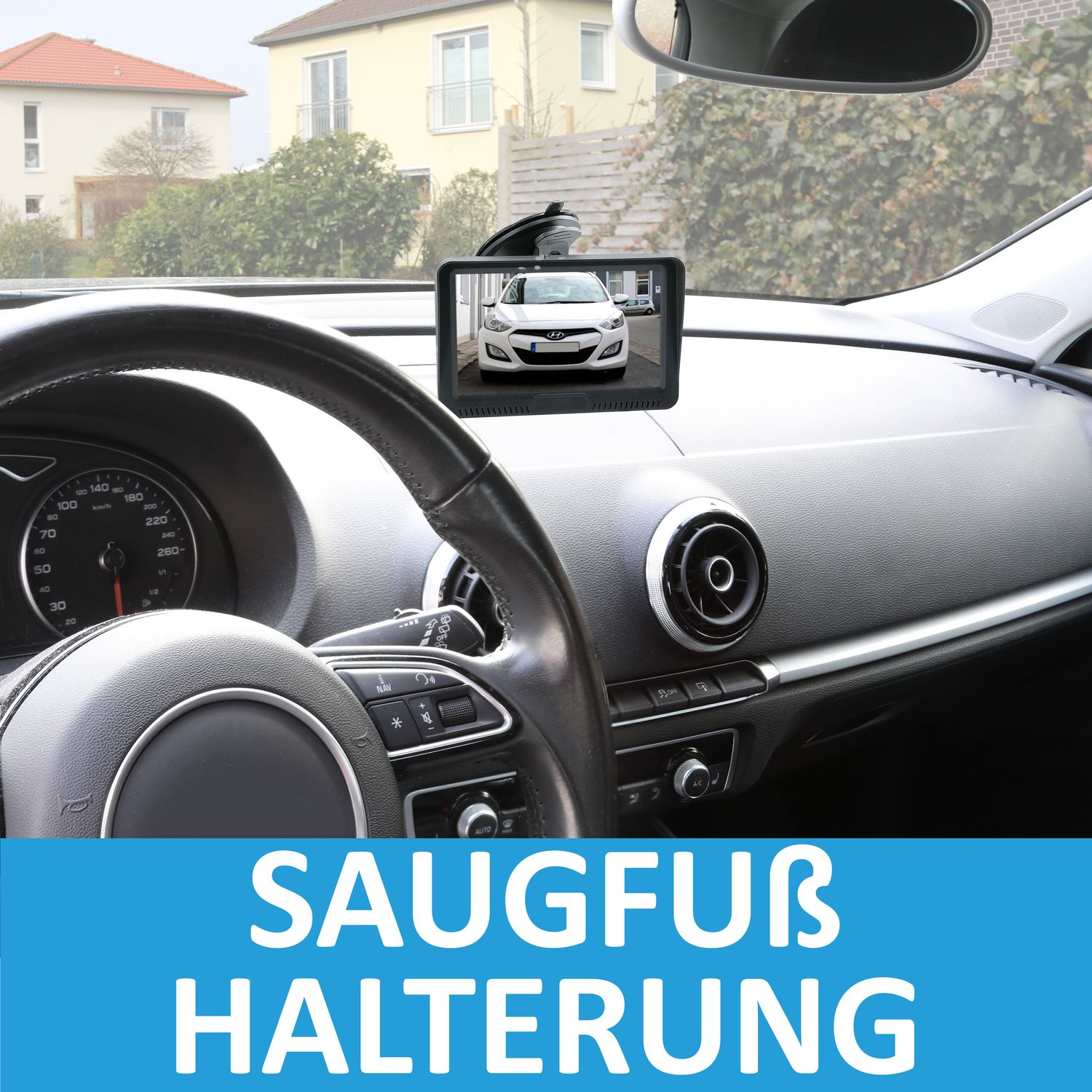 Autointerieur mit Monitor, der ein Auto zeigt. Text: Saugnapfhalterung.