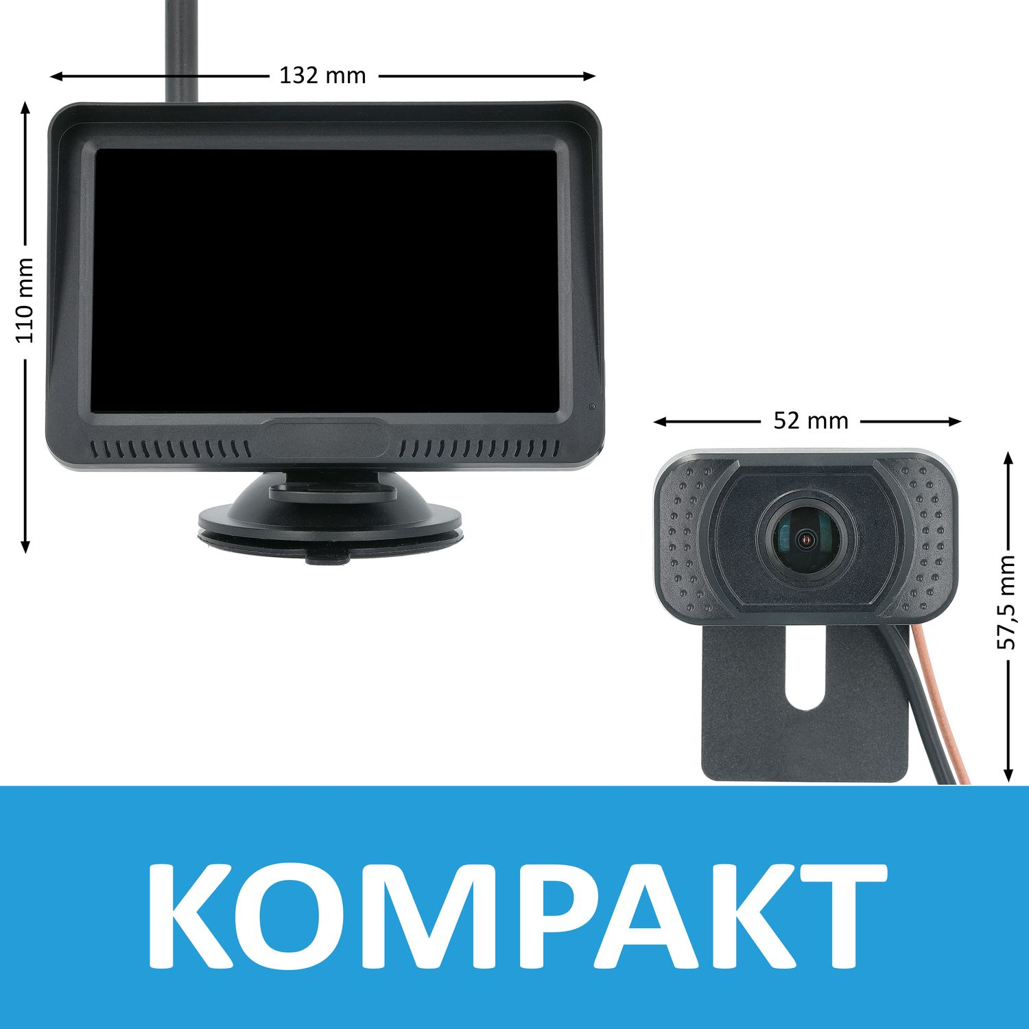 Ein schwarzer Monitor und eine Kamera mit Abmessungen und dem Wort 'KOMPAKT'.