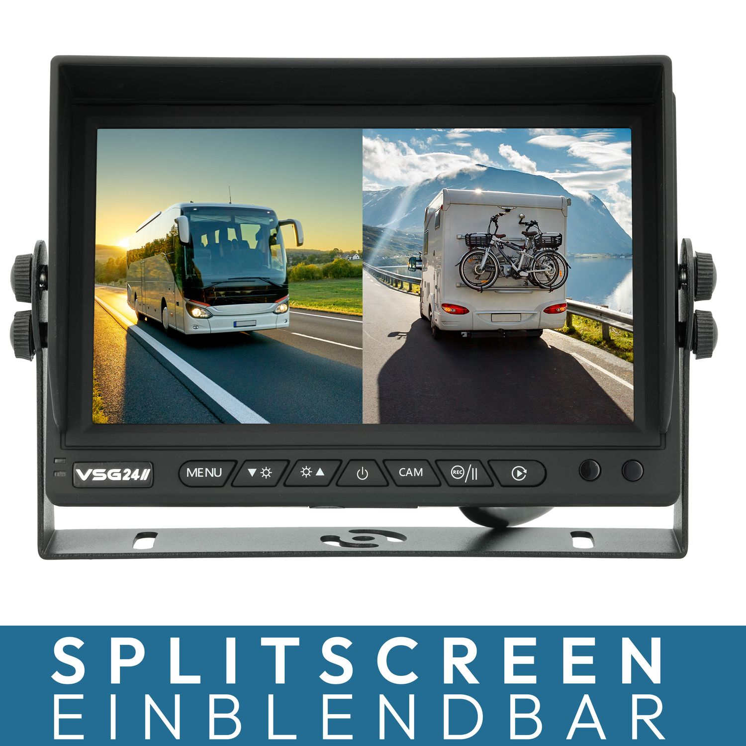Eine geteilte Ansicht eines Busses und eines Wohnmobils auf einer Straße, die auf einem schwarzen Monitor angezeigt wird.