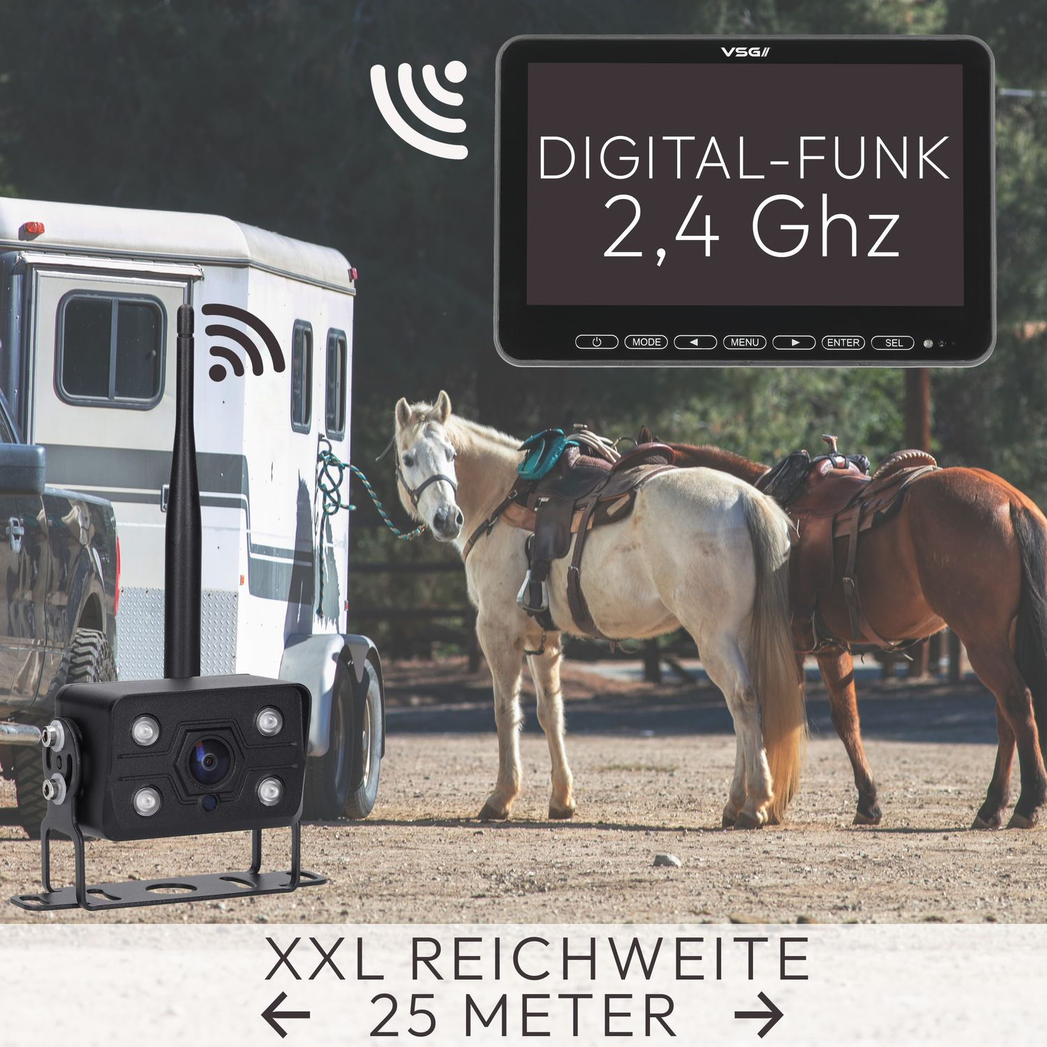 Ein Überwachungssystem mit Kamera, Monitor und Pferden auf einem Feld.