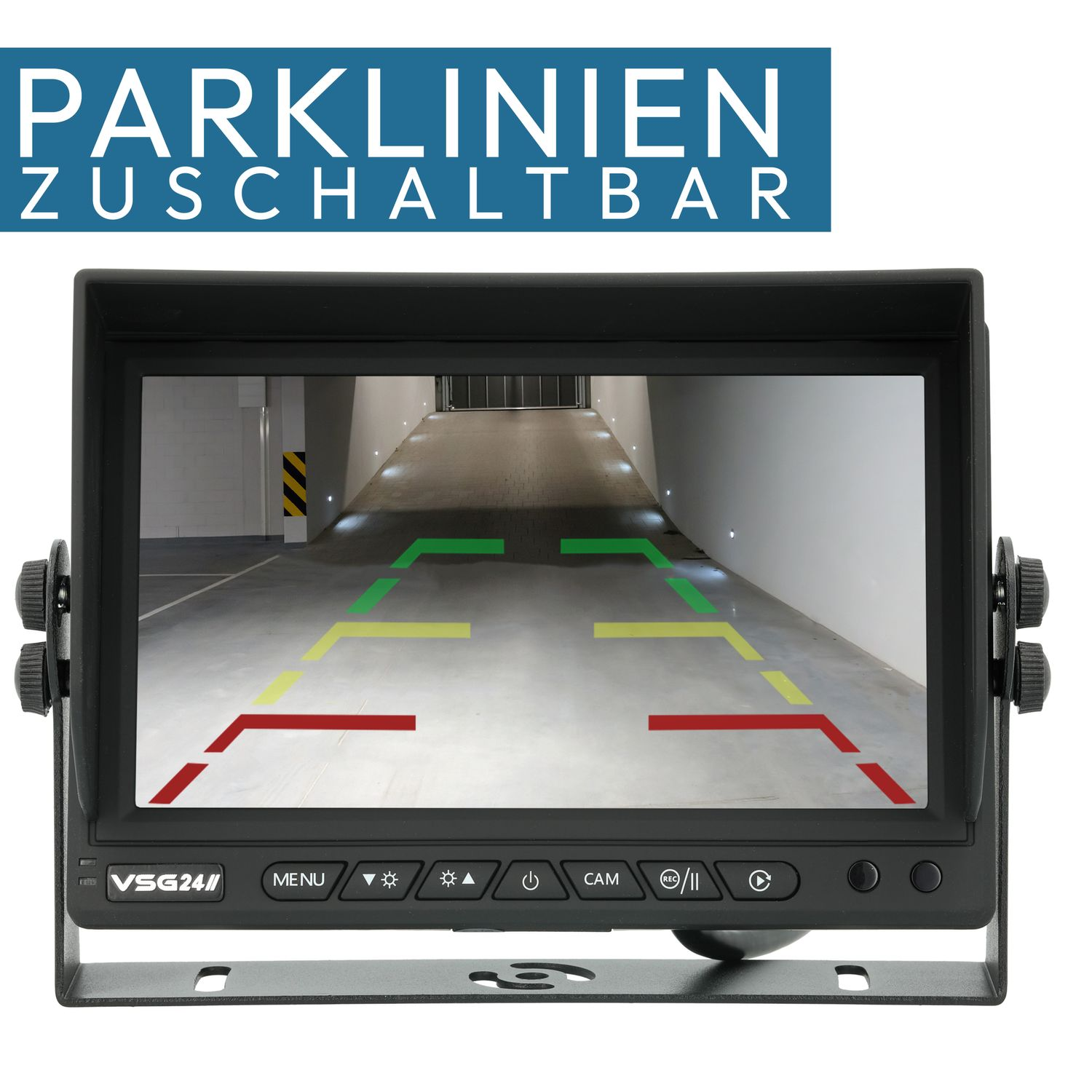 Ein Bildschirm zeigt einen Parkplatz mit Linien. Es hat mehrere Knöpfe und einen schwarzen Rand.