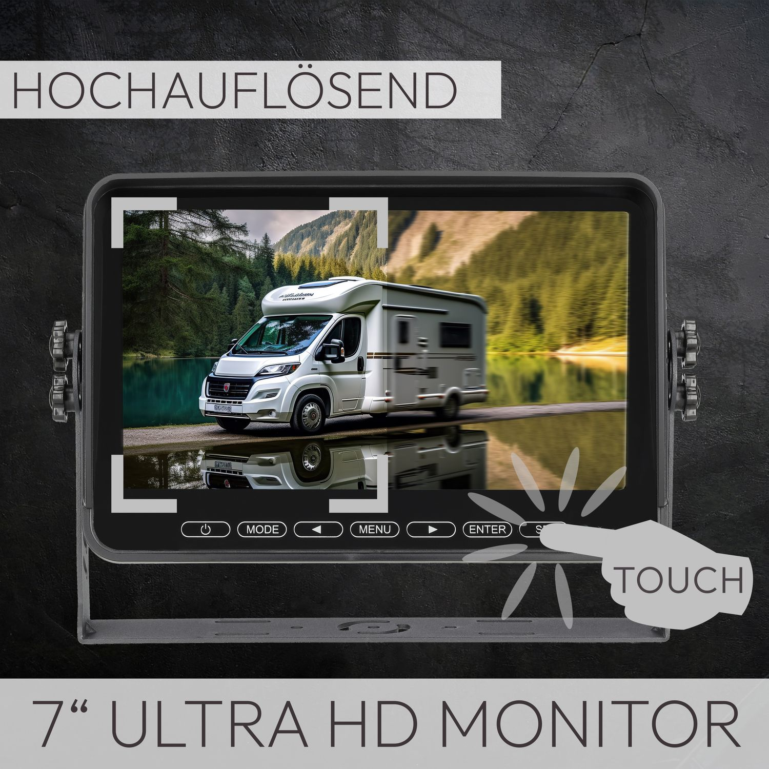Ein Monitor, der einen Camper an einem See zeigt, ein Finger berührt den Bildschirm. Text sagt '7" ULTRA HD MONITOR'.
