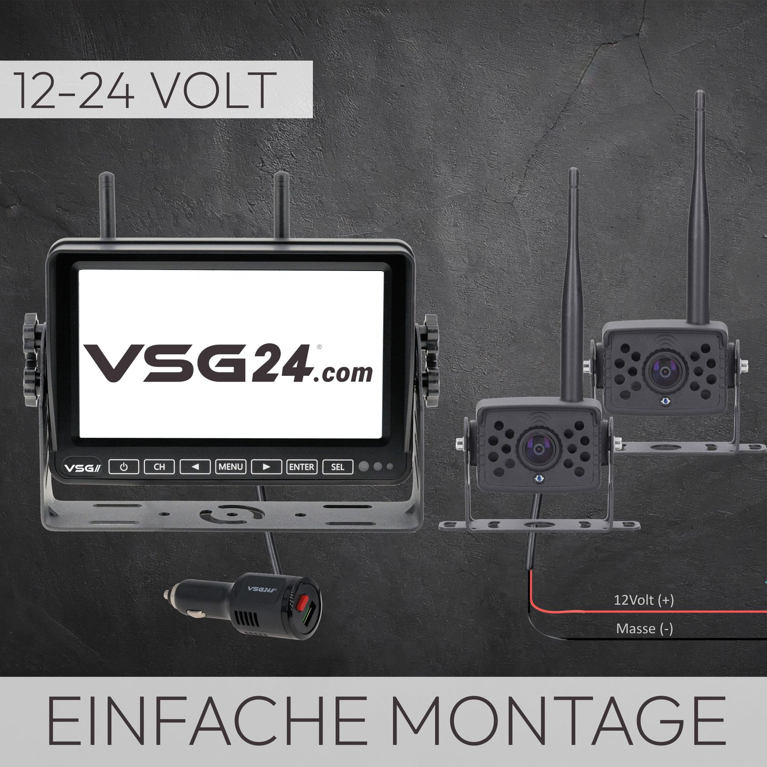 Ein Bild, das einen Bildschirm mit verschiedenen Kameraansichten sowie ein Ladegerät und ein Kamera-Setup zeigt.