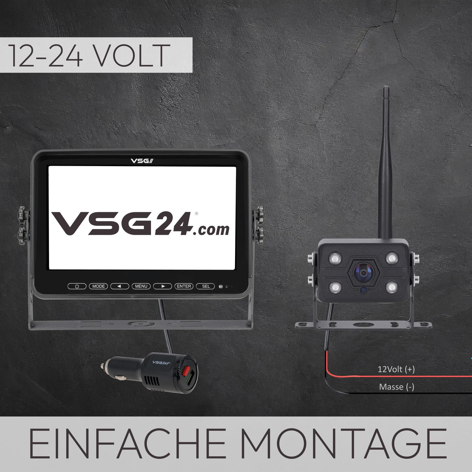 Das Bild zeigt einen Monitor und ein Rückfahrkamerasystem mit Strom- und Signalkabeln.