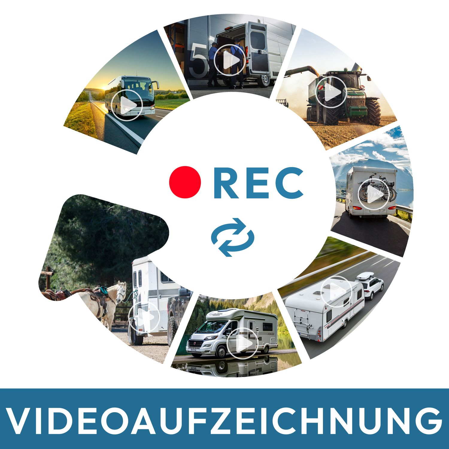 Kreisförmige Grafik mit Videoszenen von Fahrzeugen. Rotes REC in der Mitte.