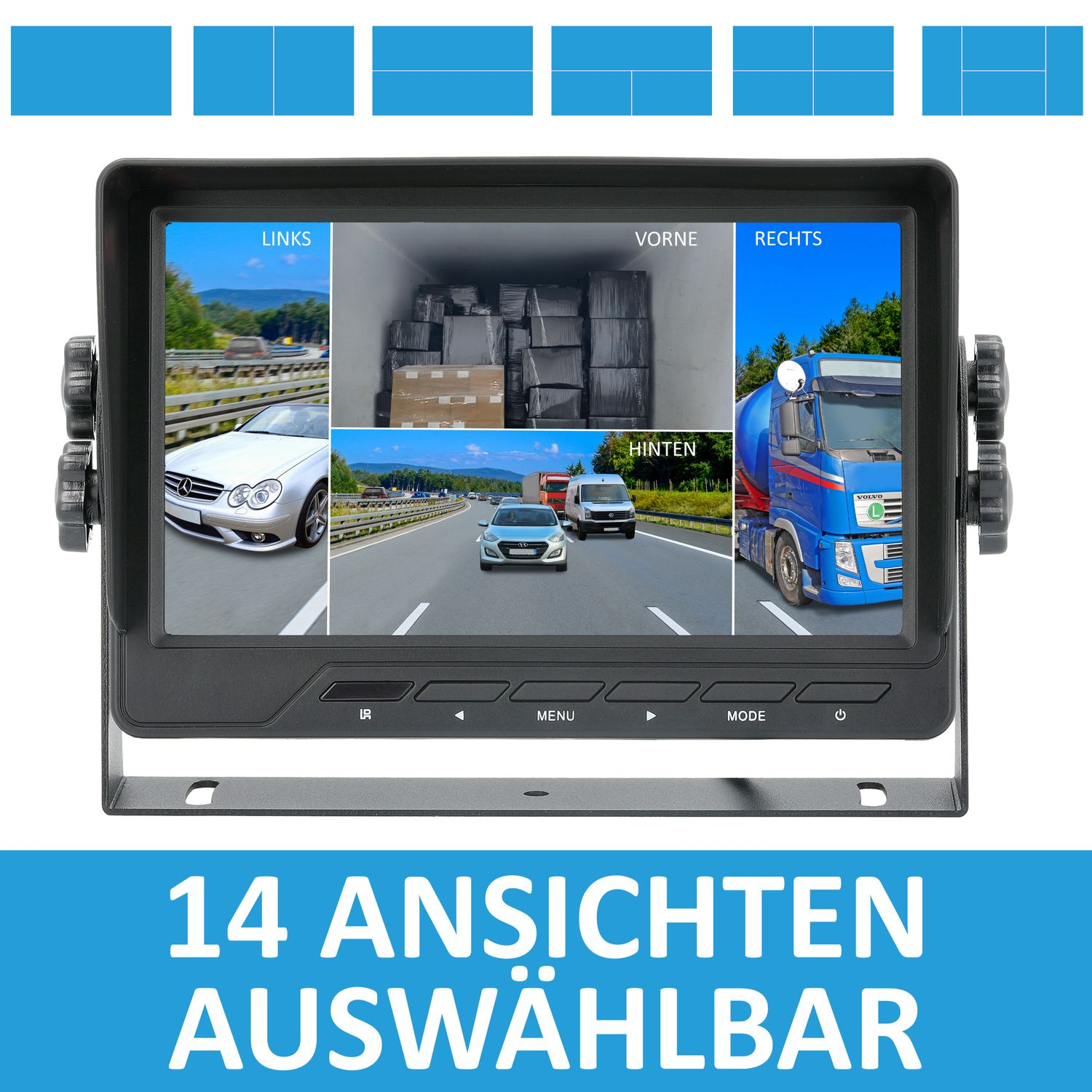 Monitor mit vier Ansichten: links, vorne, rechts und hinten. Text unten: 14 Ansichten wählbar.