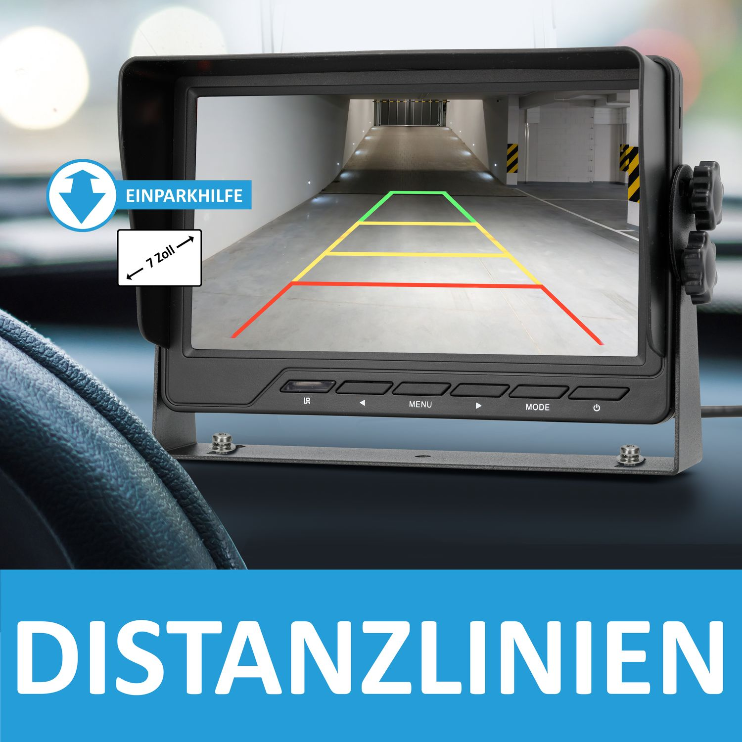 Das Armaturenbrett eines Autos mit einem Bildschirm, der eine Einparkhilfe mit Abstandslinien anzeigt.