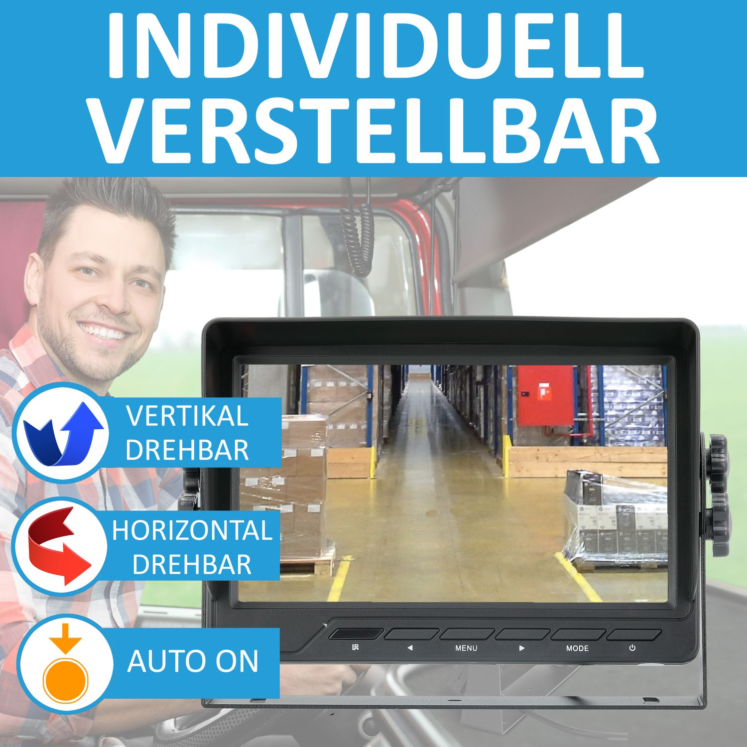 Ein lächelnder Mann in einer Lagerumgebung. Ein Bildschirm zeigt einen Blick auf ein Lager mit dem Text 'INDIVIDUELL VERSTELLBAR'.