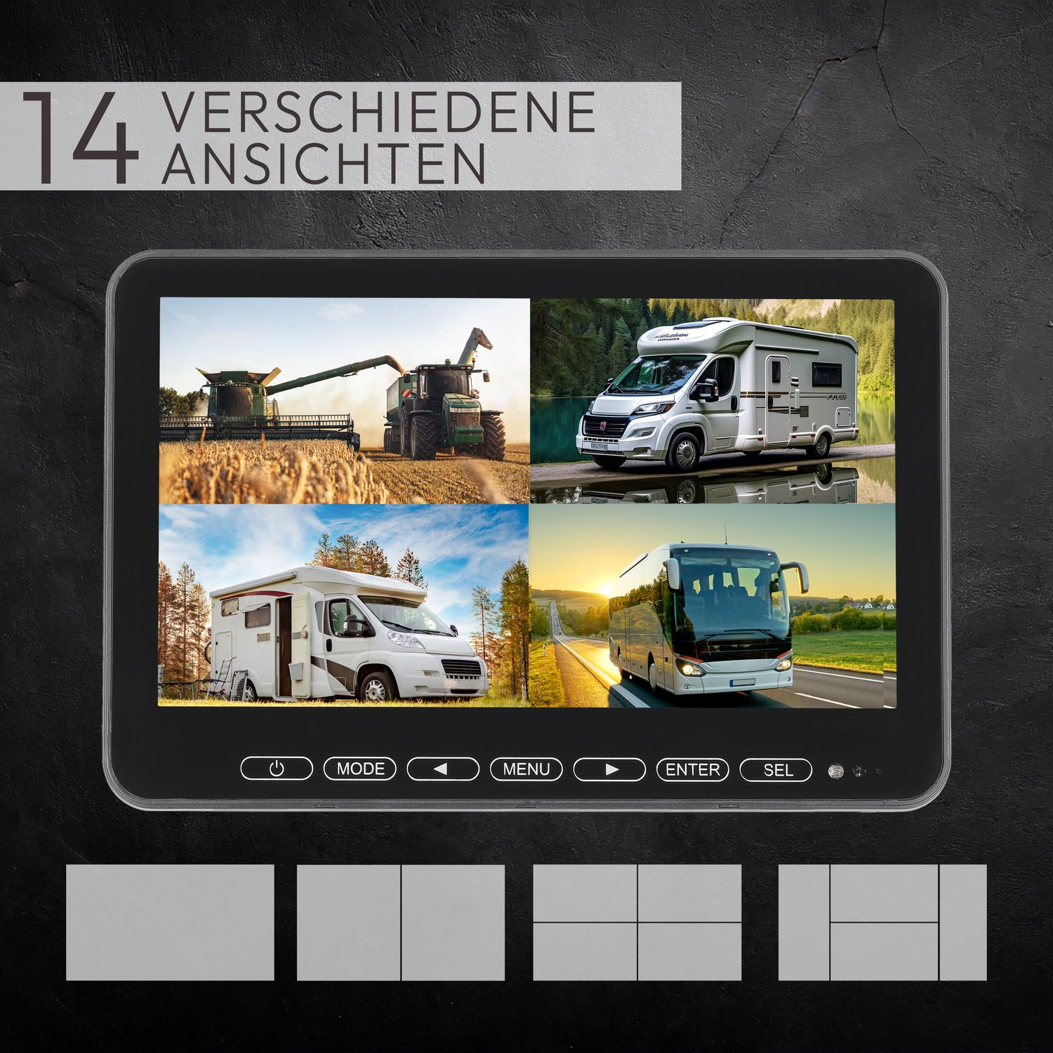 Ein Monitor, der vier verschiedene Ansichten anzeigt, mit den Tasten unten.