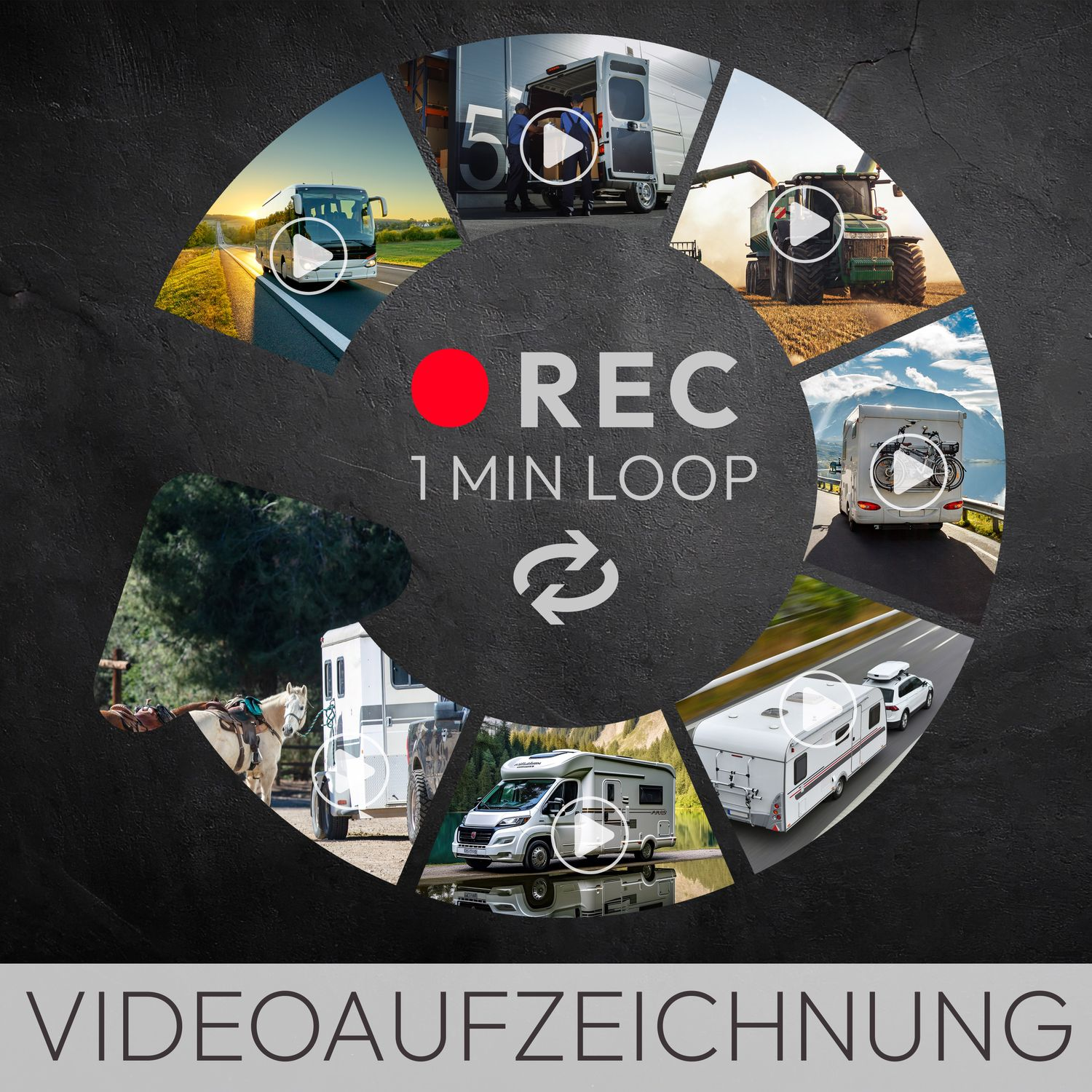 Kreisförmige Anordnung von Fahrzeugbildern mit roter 'REC'-Taste und Text zur Videoaufnahme.