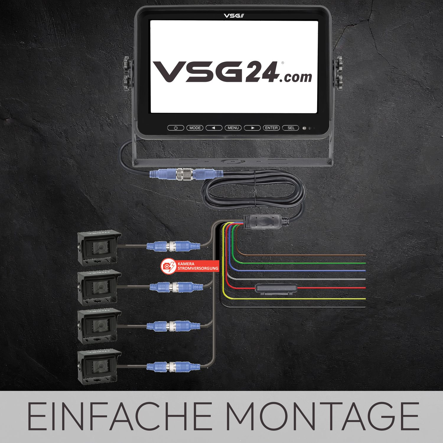 Ein Monitor, der Ansichten von vier Kameras anzeigt, mit Schaltplan und den Worten 'Einfache Montage'.