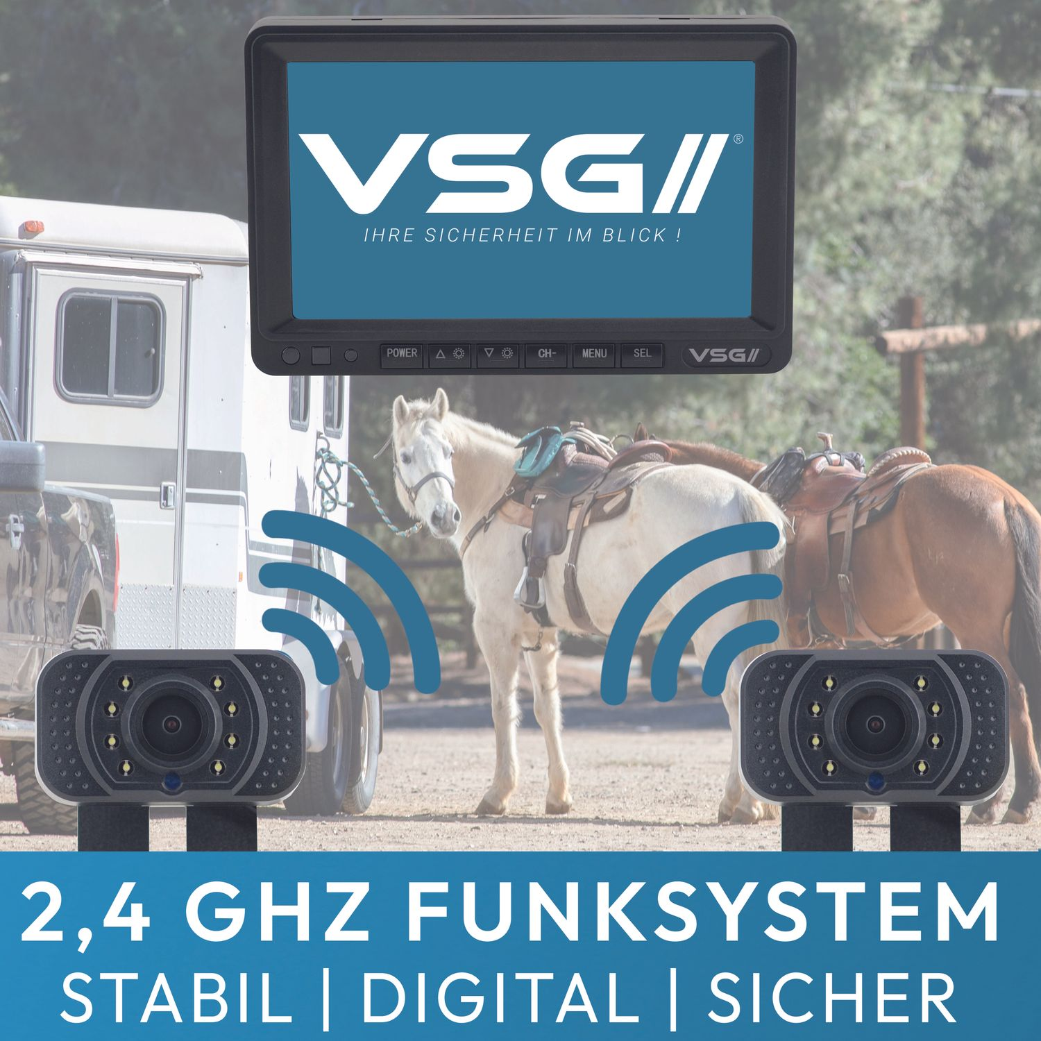 Monitor mit zwei Kameras, die Pferde auf einem Feld zeigen, und Text: 2,4 GHZ FUNKSYSTEM.