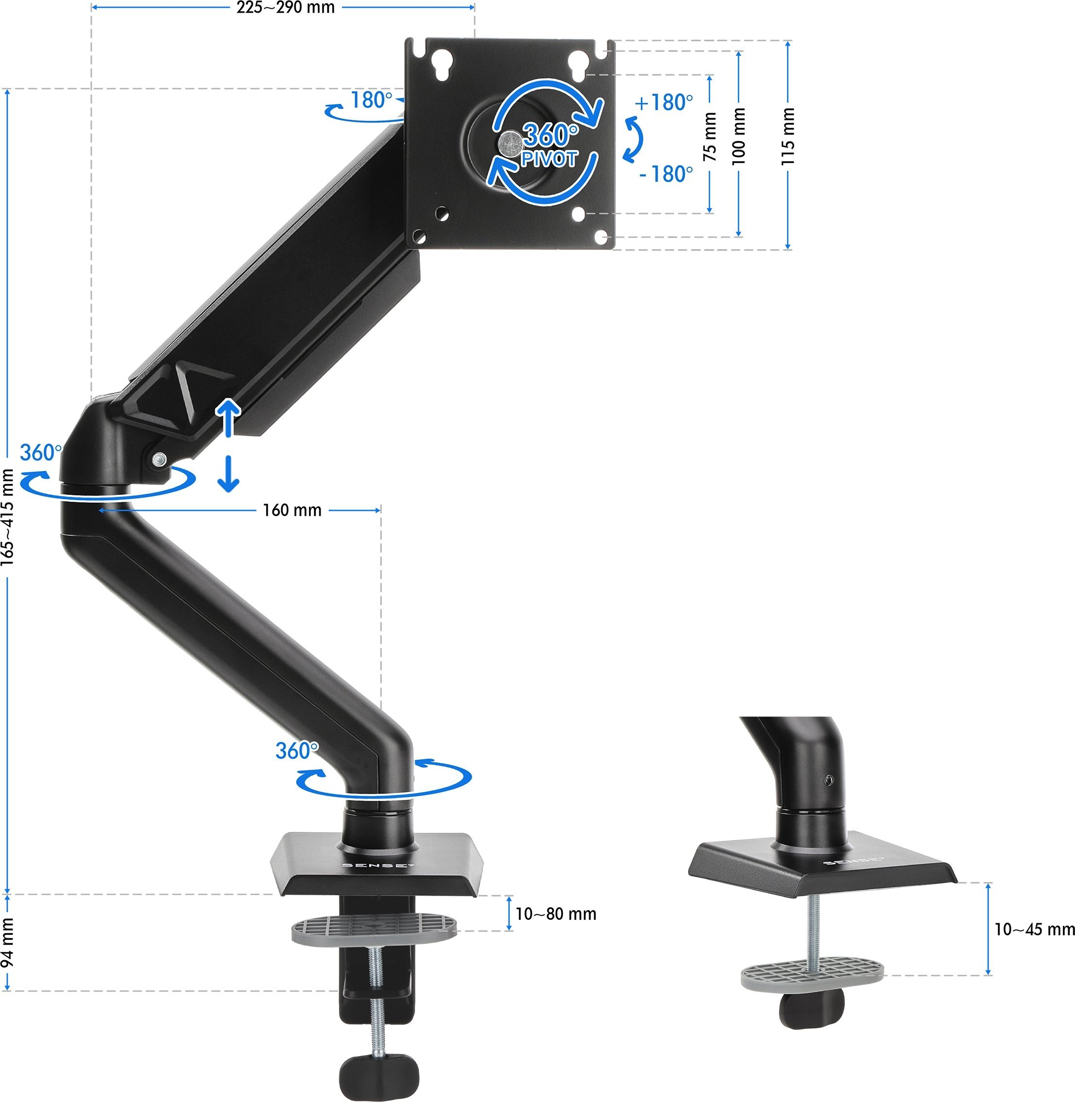Monitorarm mit Maßen und Drehrichtungen. Schwarz.