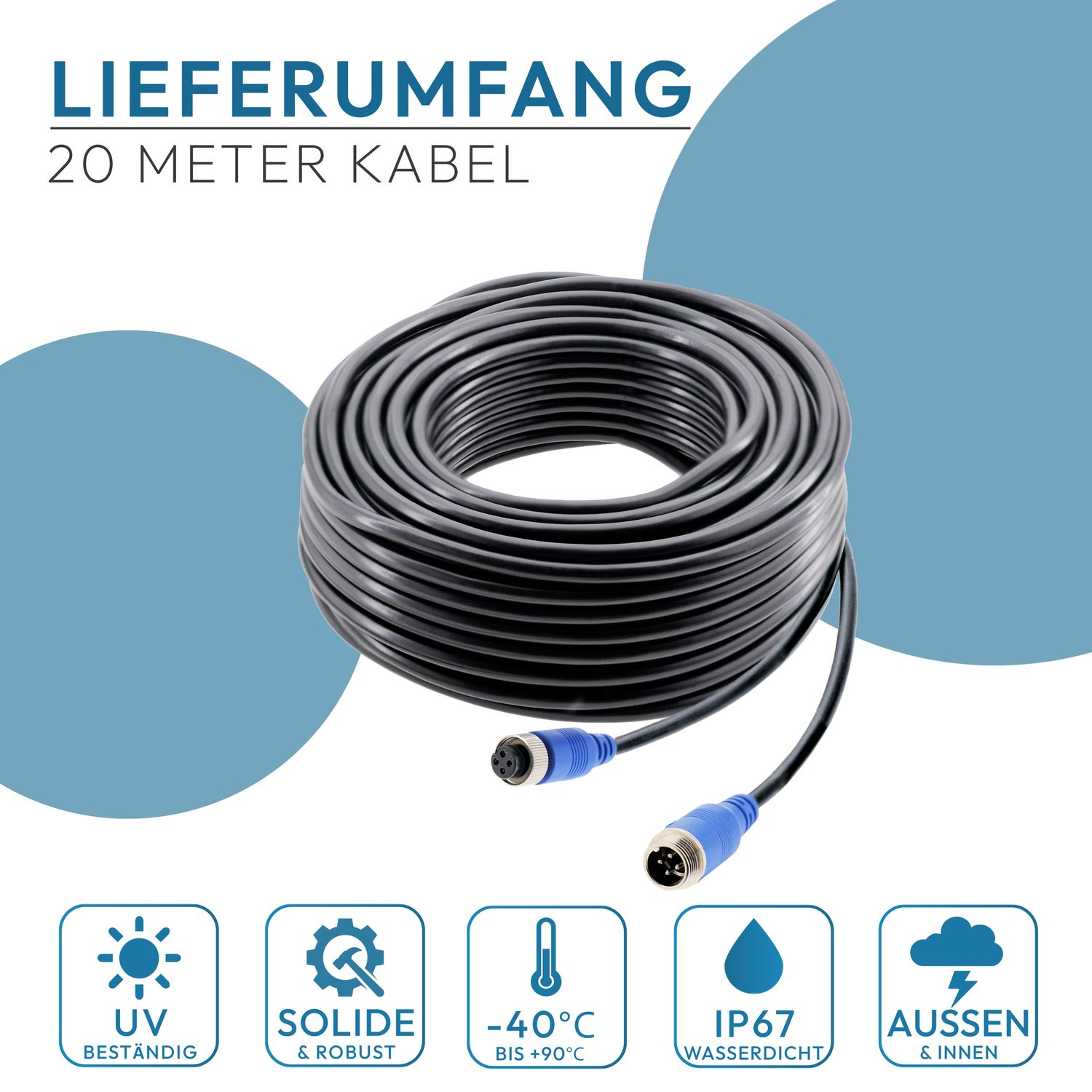 Aufgerolltes schwarzes Kabel mit blauen Steckern und verschiedenen Symbolen.