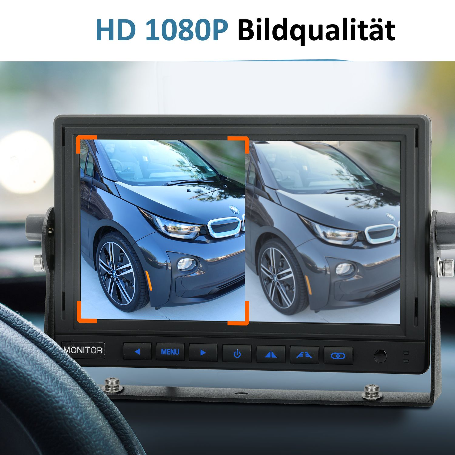 Auto-Monitor, der einen geteilten Bildschirm des Hecks eines Autos zeigt. Blaues Auto-Bild. Weißer Hintergrund.