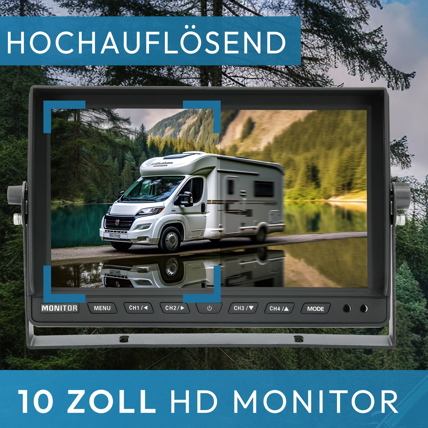 Ein Monitor, der ein weißes Wohnmobil zeigt, das sich auf einer nassen Oberfläche spiegelt. Text: 10 ZOLL HD MONITOR.