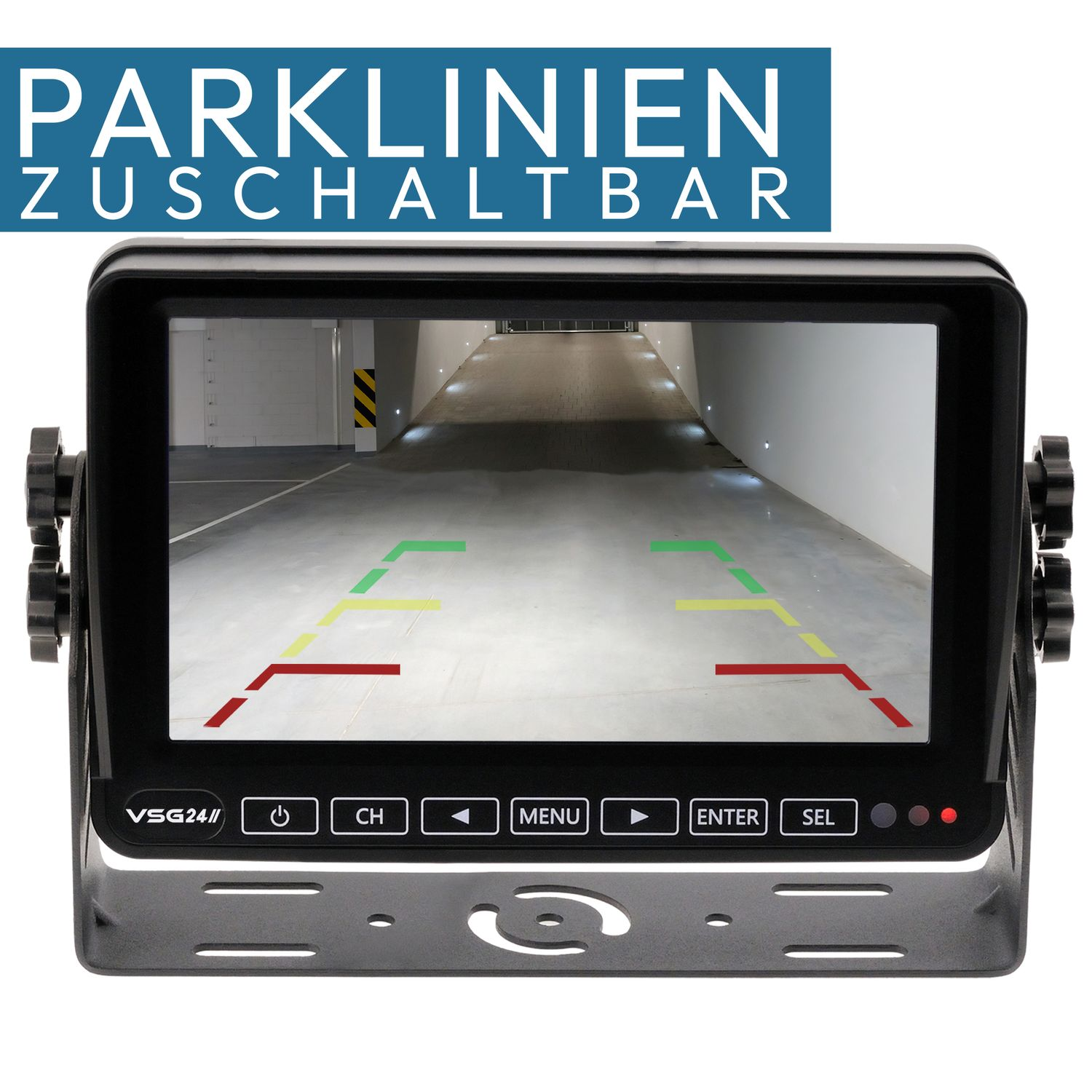 Der Bildschirm der Rückfahrkamera des Autos zeigt Parklinien und eine Tiefgarage mit heller Decke.