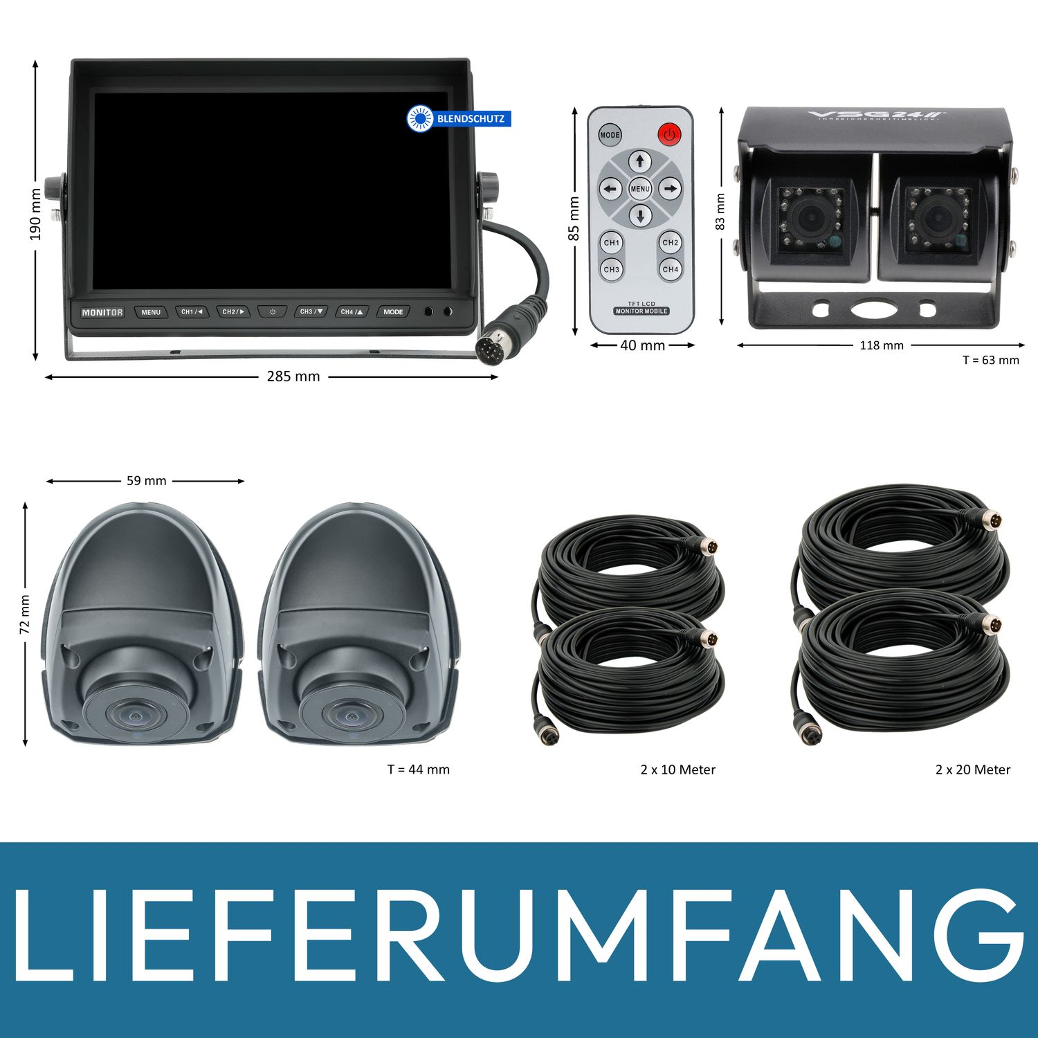 Ein Satz Fahrzeugüberwachungsausrüstung, einschließlich Monitor, Kameras und Kabel. Abmessungen gezeigt.